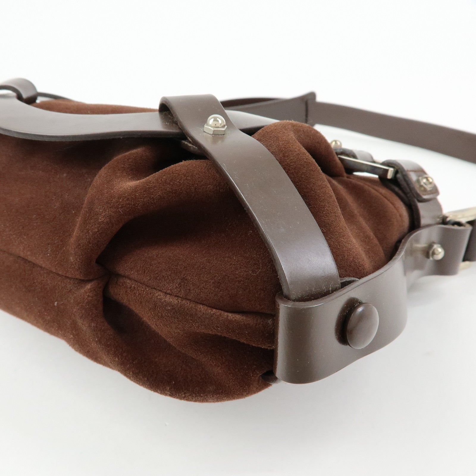 Ferragamo Gancini Suede Leather Hand Bag Shoulder Bag Dark Brown