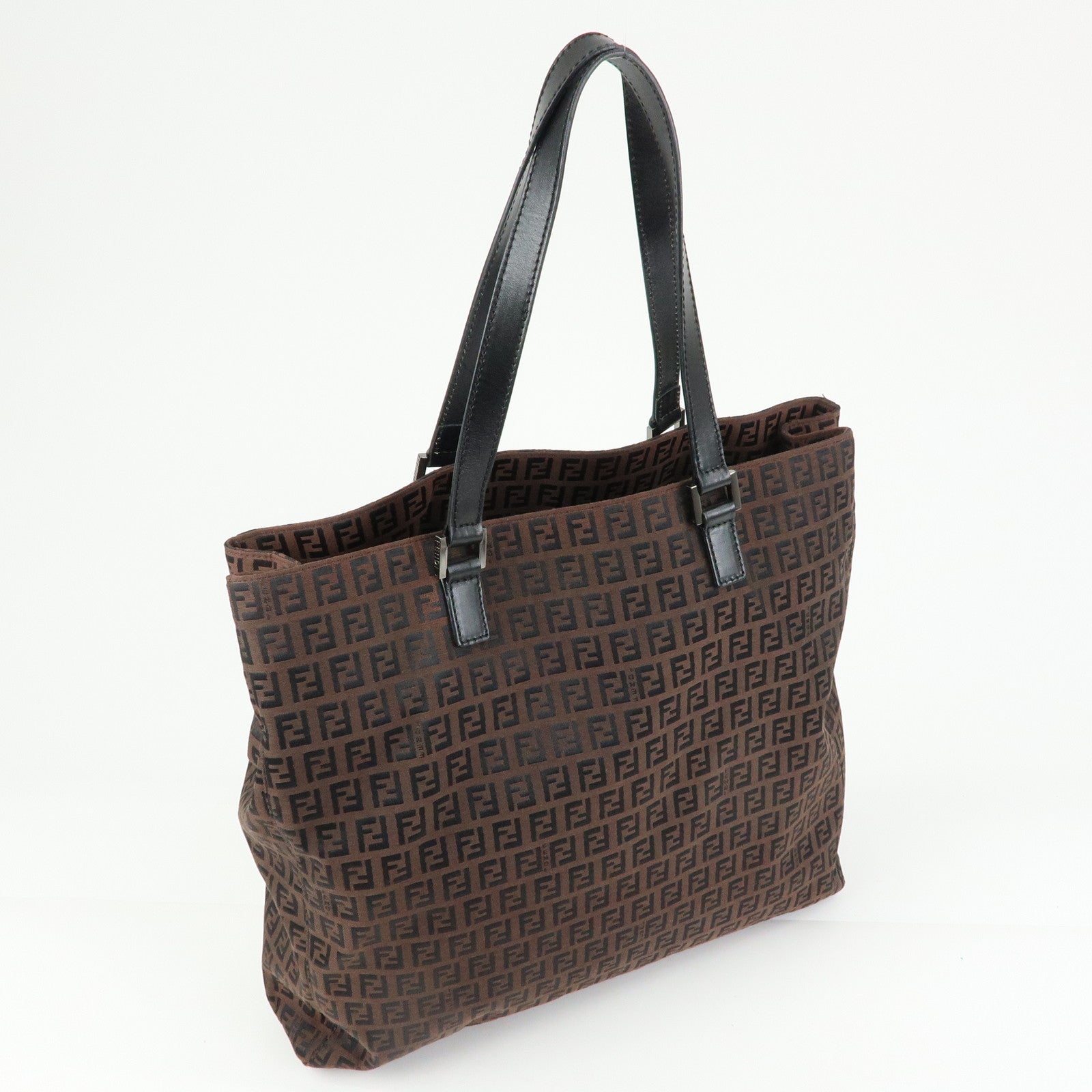 FENDI Zucchino Canvas Leather Tote Bag Hand Bag Brown Black