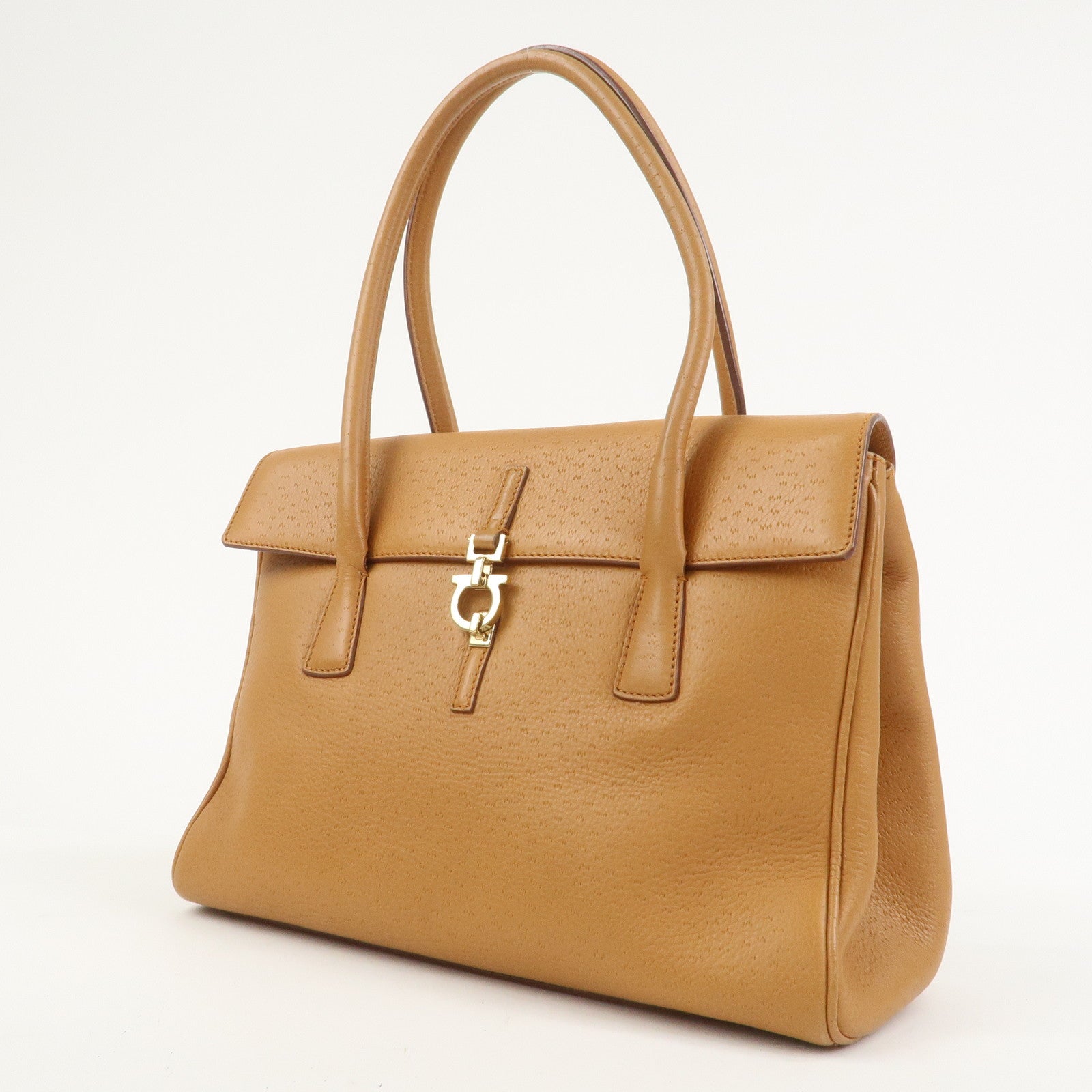 Ferragamo Gancini Leather Shoulder Bag Hand Bag Light Brown