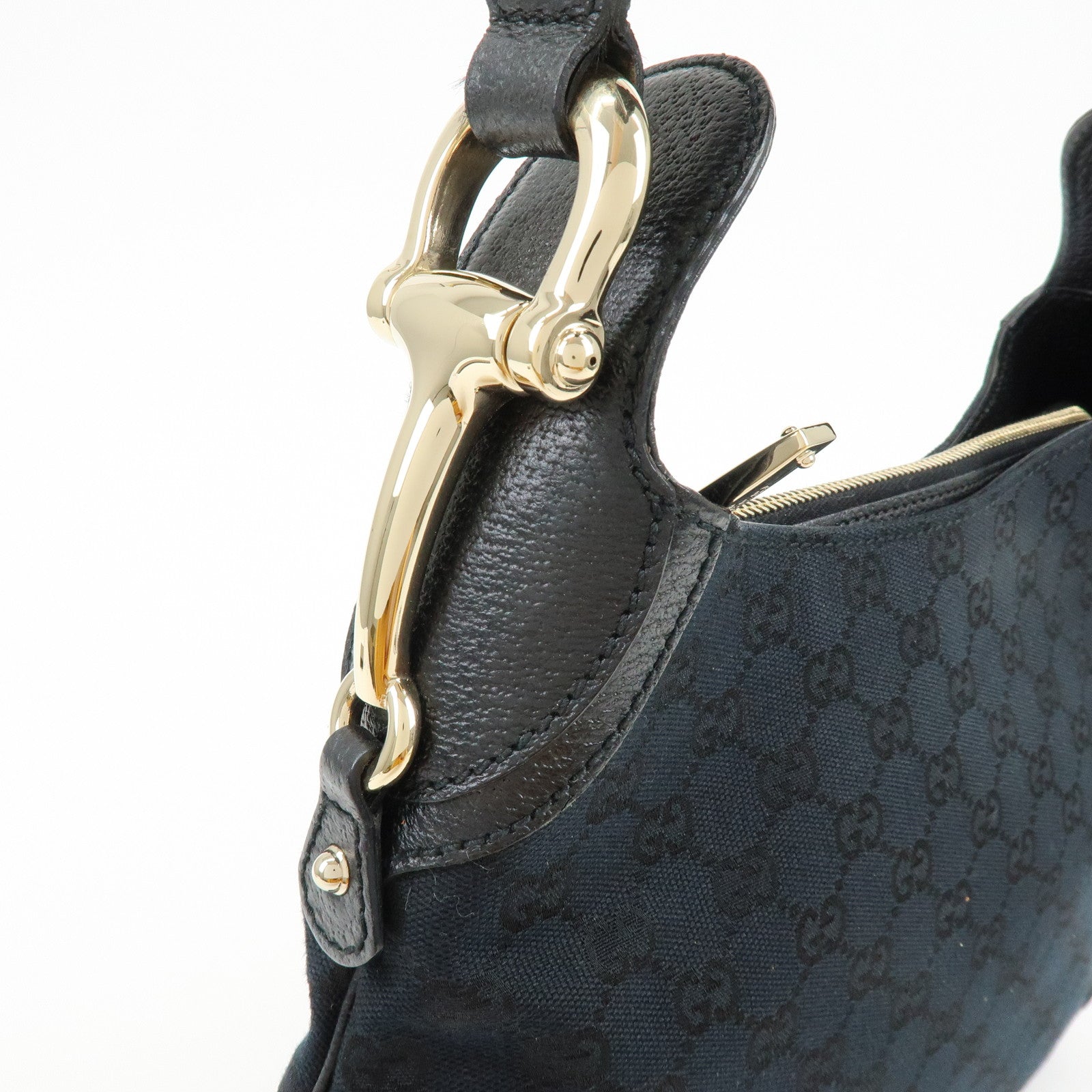 GUCCI Horsebit GG Canvas Leather Shoulder Bag Black 145826