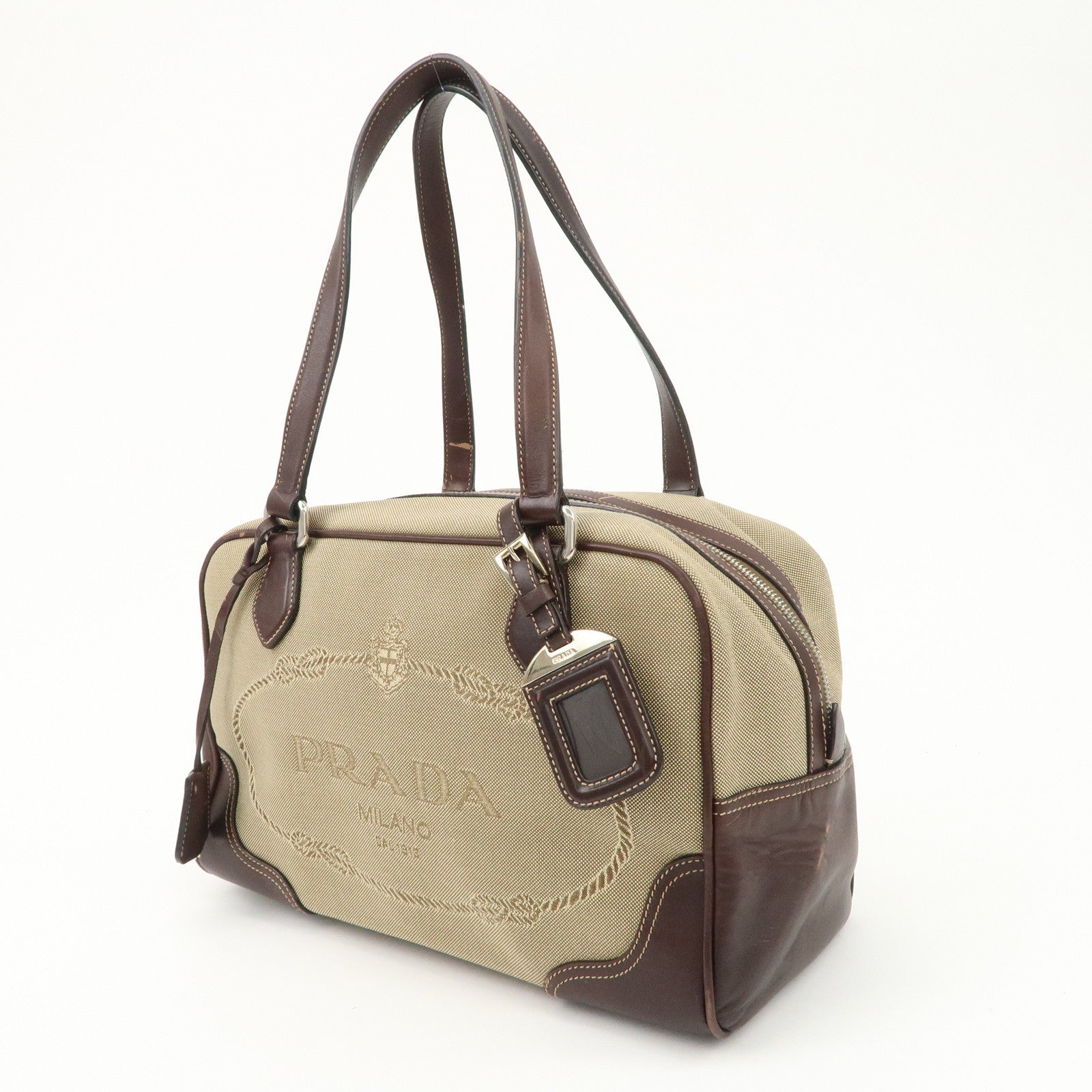 PRADA Logo Jacquard Leather Boston Bag Shoulder Bag Beige BL0260 Used