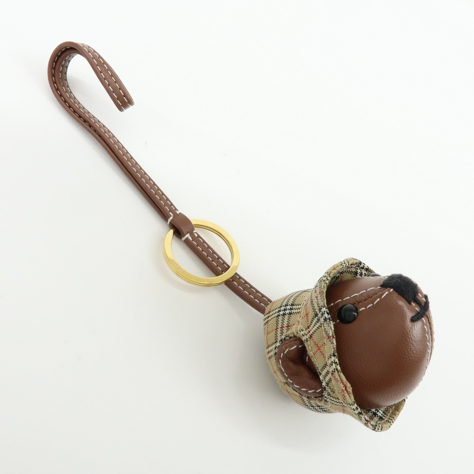 BURBERRY Nova Plaid Bear Motif Leather Canvas Bag Charm Key Chain