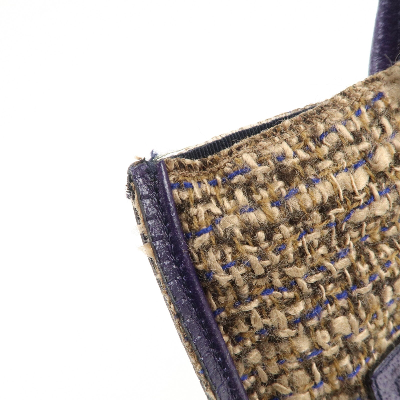 PRADA Triangle Logo Tweed Leather Tote Bag Purple Beige B11261 Used