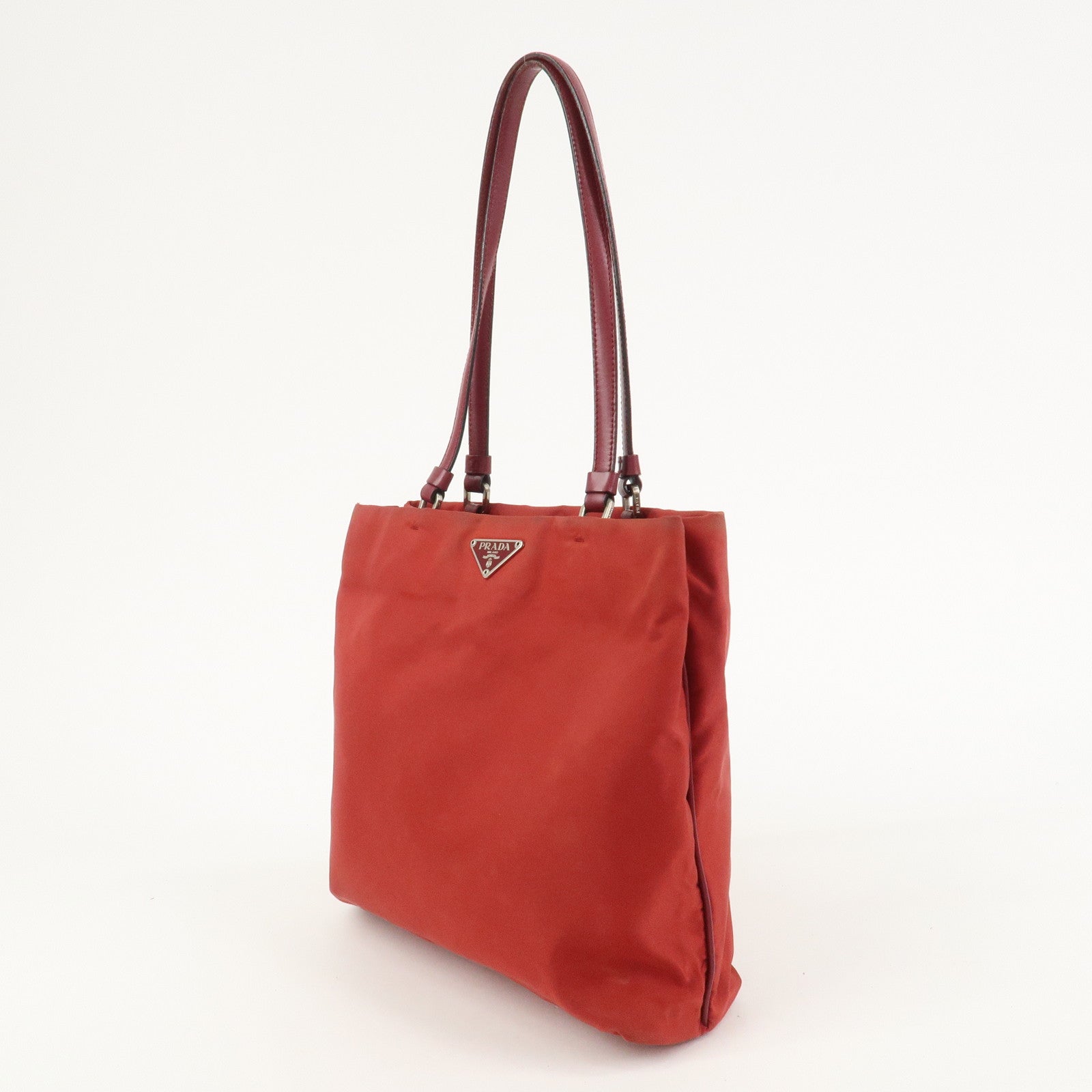 PRADA Triangle Logo Nylon Leather Tote Bag Shoulder Bag Red