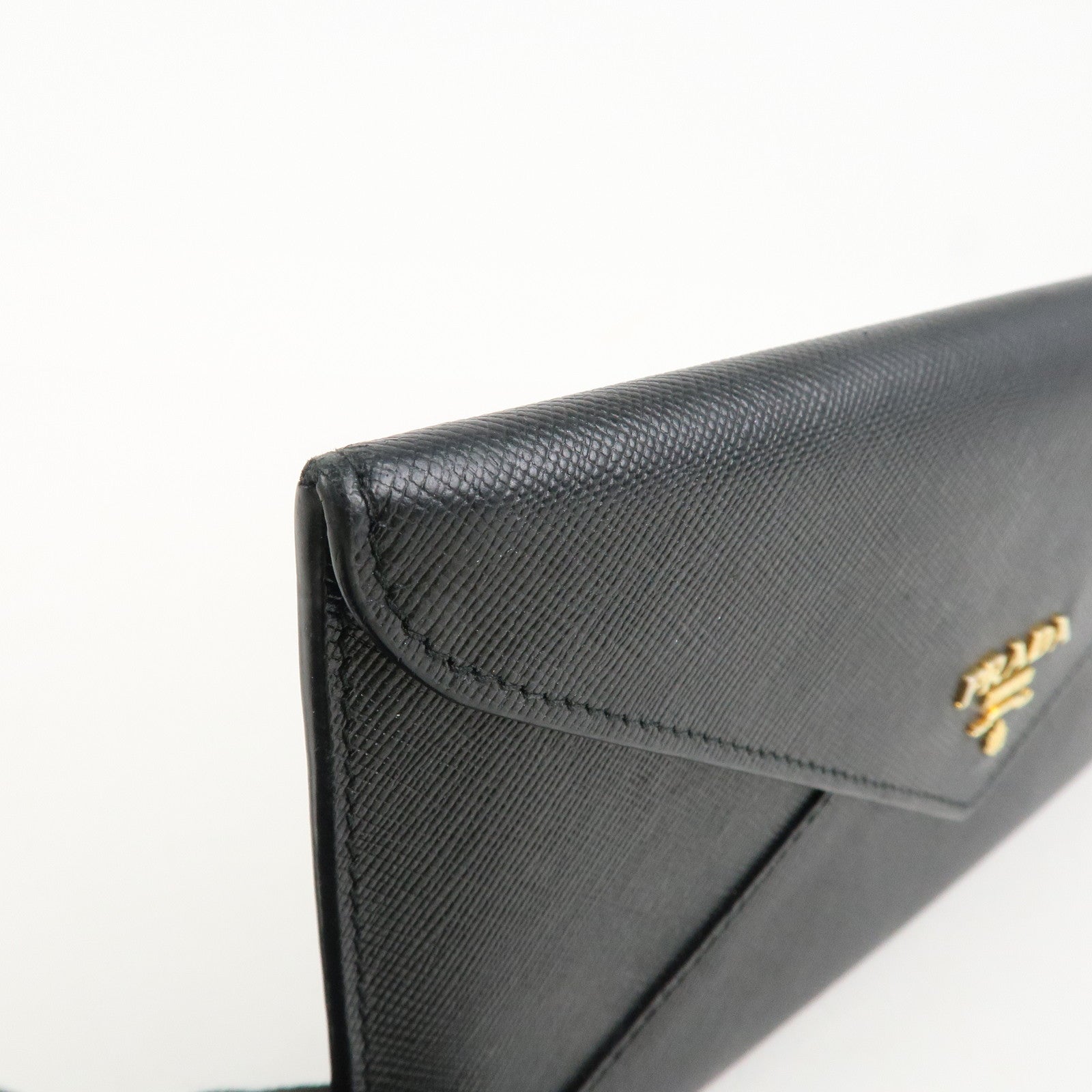 PRADA Saffiano Leather Envelope Flap Long Wallet Black 1M1175 Used