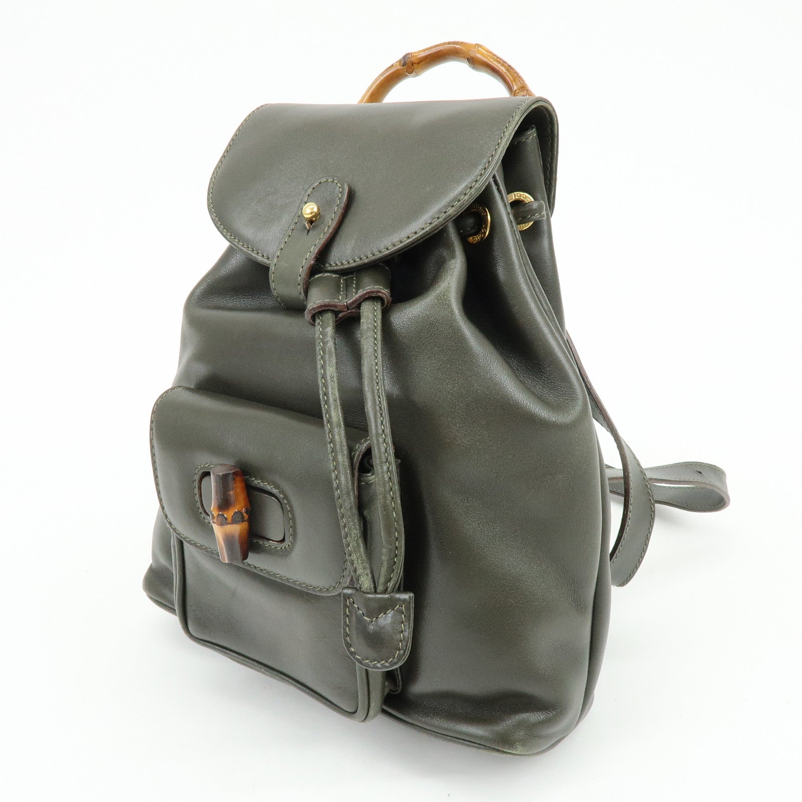 GUCCI Bamboo Leather Backpack Rucksack Khaki 003・1705・0030