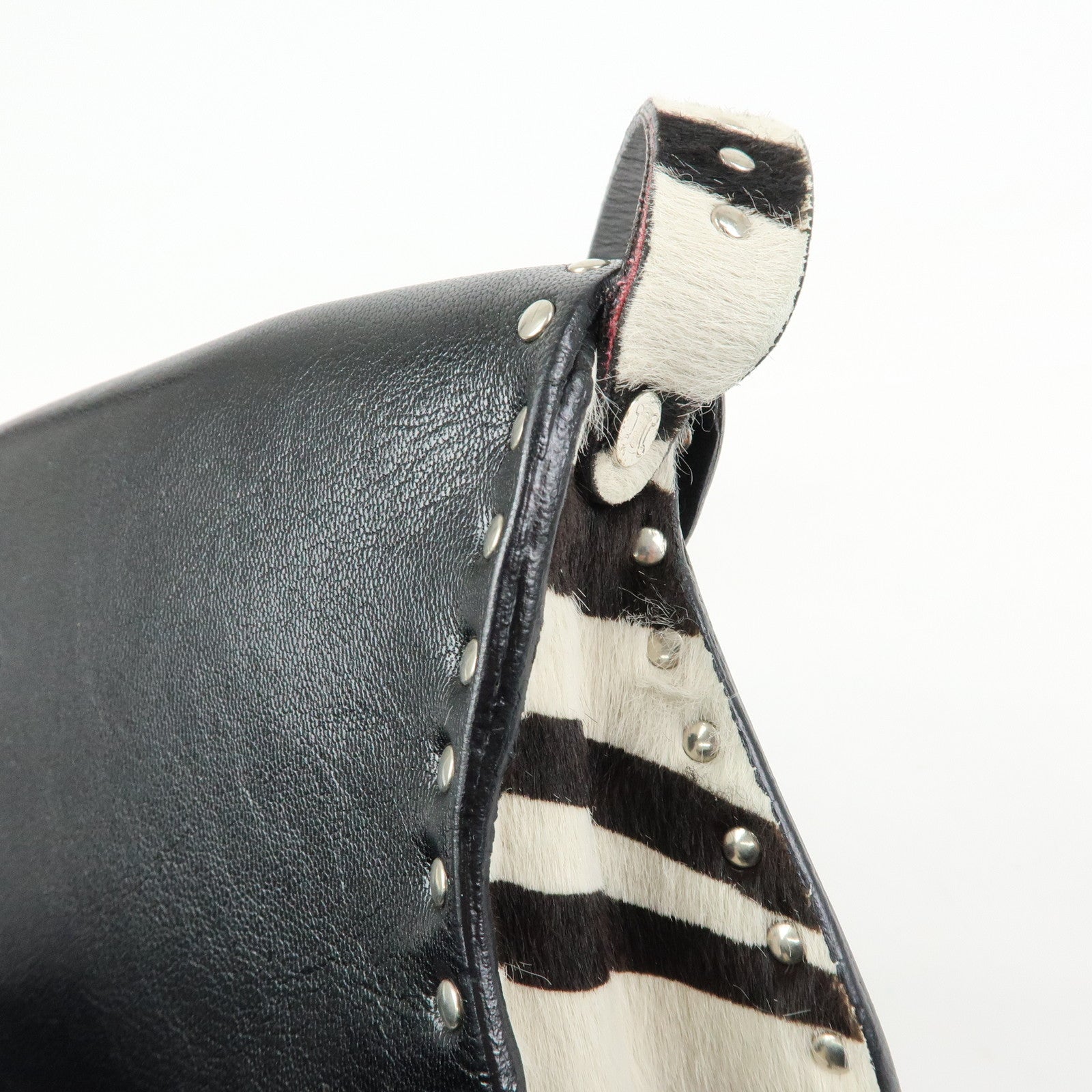CELINE Haircalf Leather Studs Hand Bag Zebra Print Black White