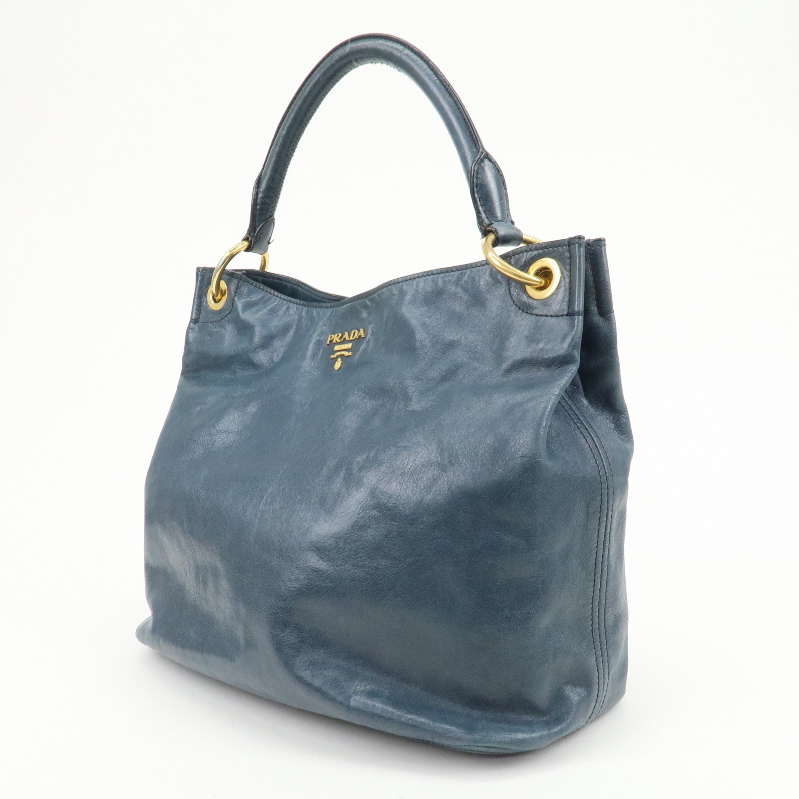 PRADA Logo Leather Shoulder Bag Hand Bag Blue