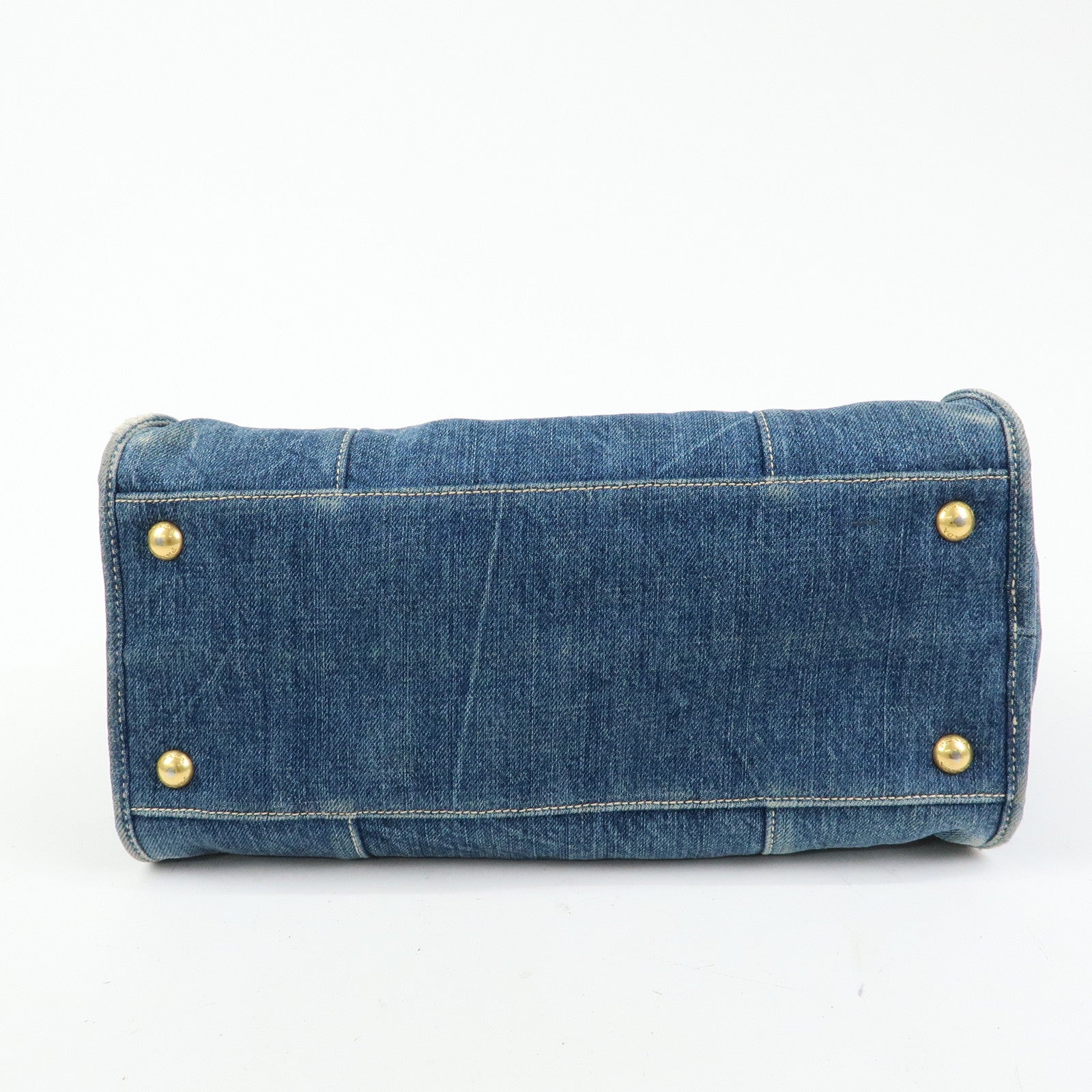 PRADA Triangle Logo Denim Tote Bag Hand Bag Blue BN2254