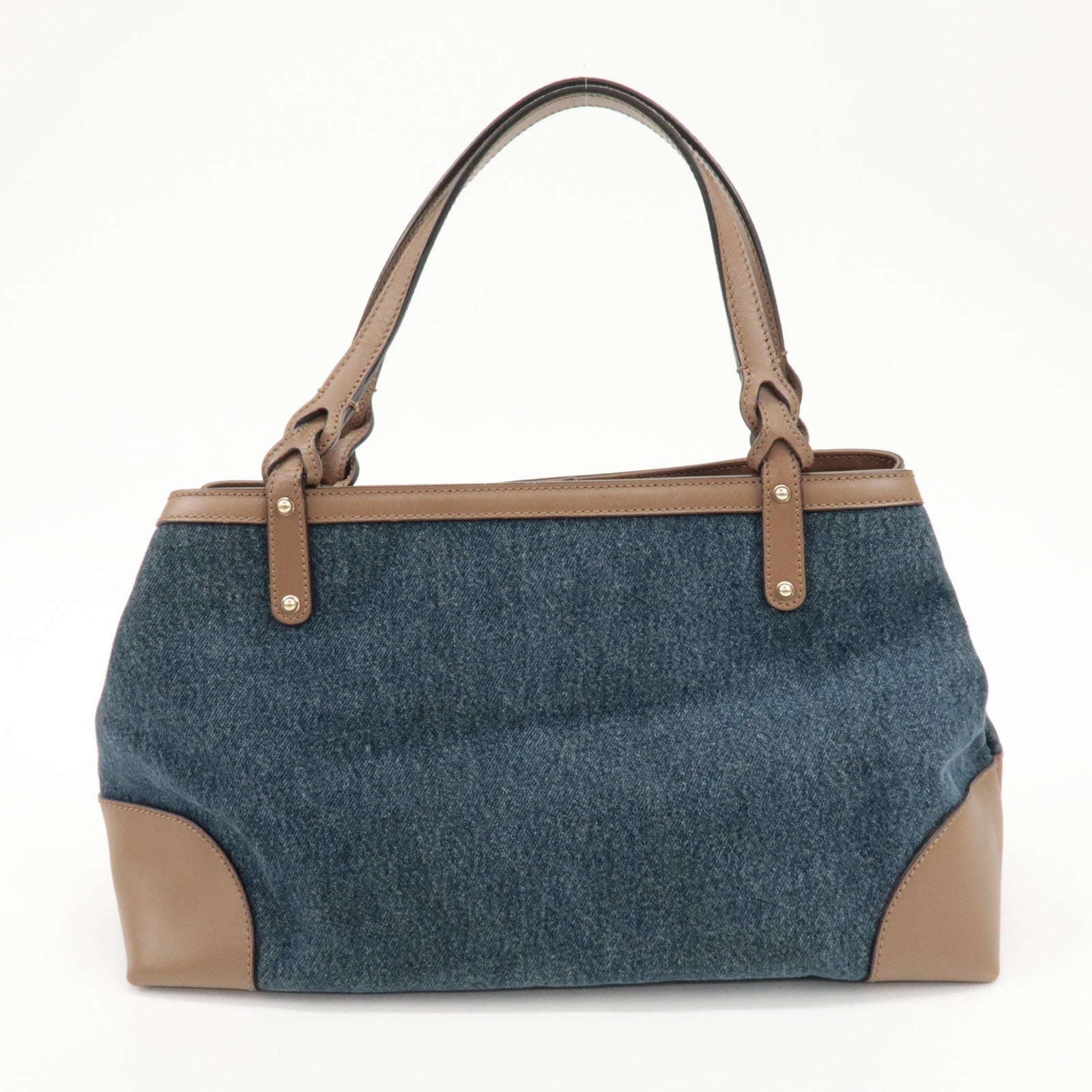 GUCCI Craft Denim Leather Tote Bag Hand Bag Navy Brown 348715 Used