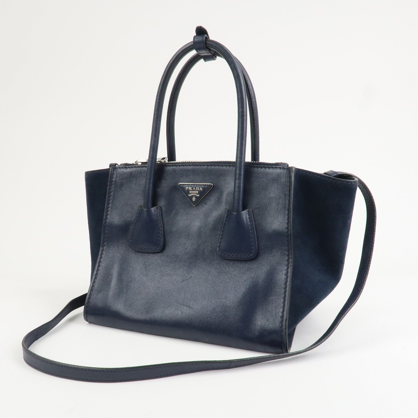 PRADA Triangle Logo Leather 2Way Bag Tote Bag Hand Bag Navy B2625M