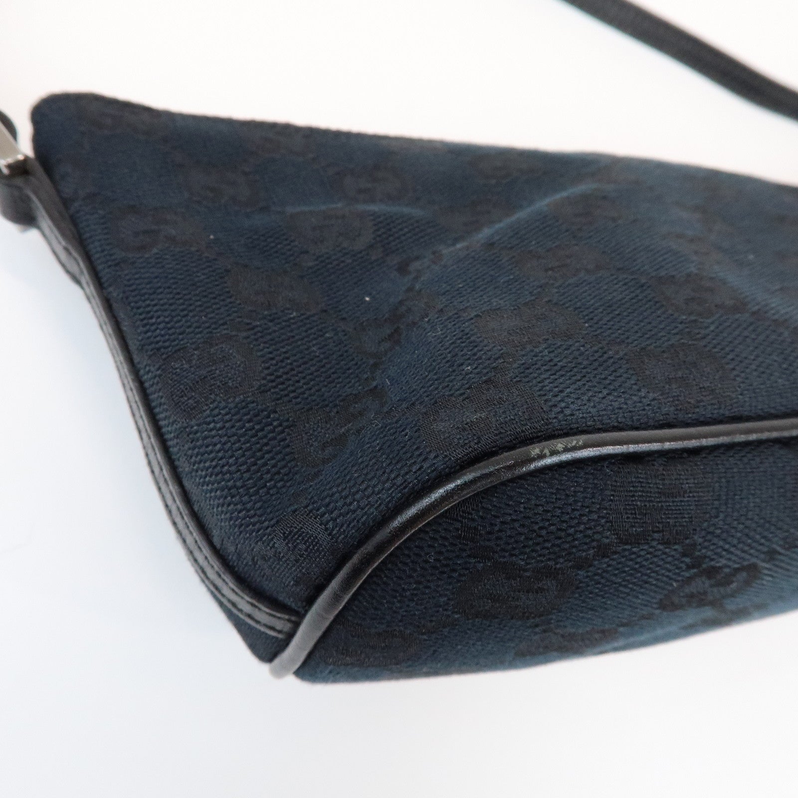 GUCCI Boat Bag GG Canvas Leather Pouch Hand Bag Black 07198