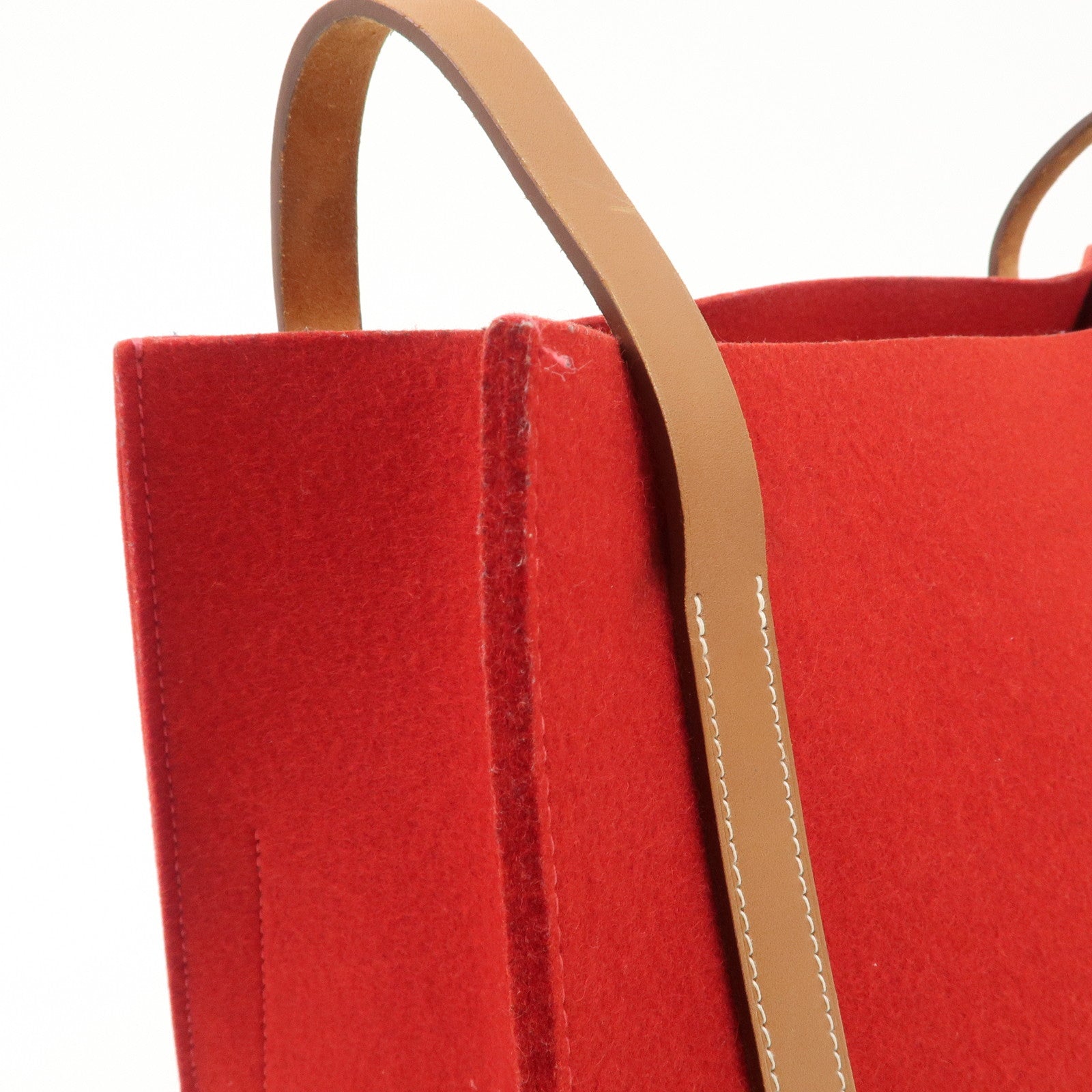 HERMES Leather Felt Cabalicol P Stamped Shoulder Bag Beige Red Used