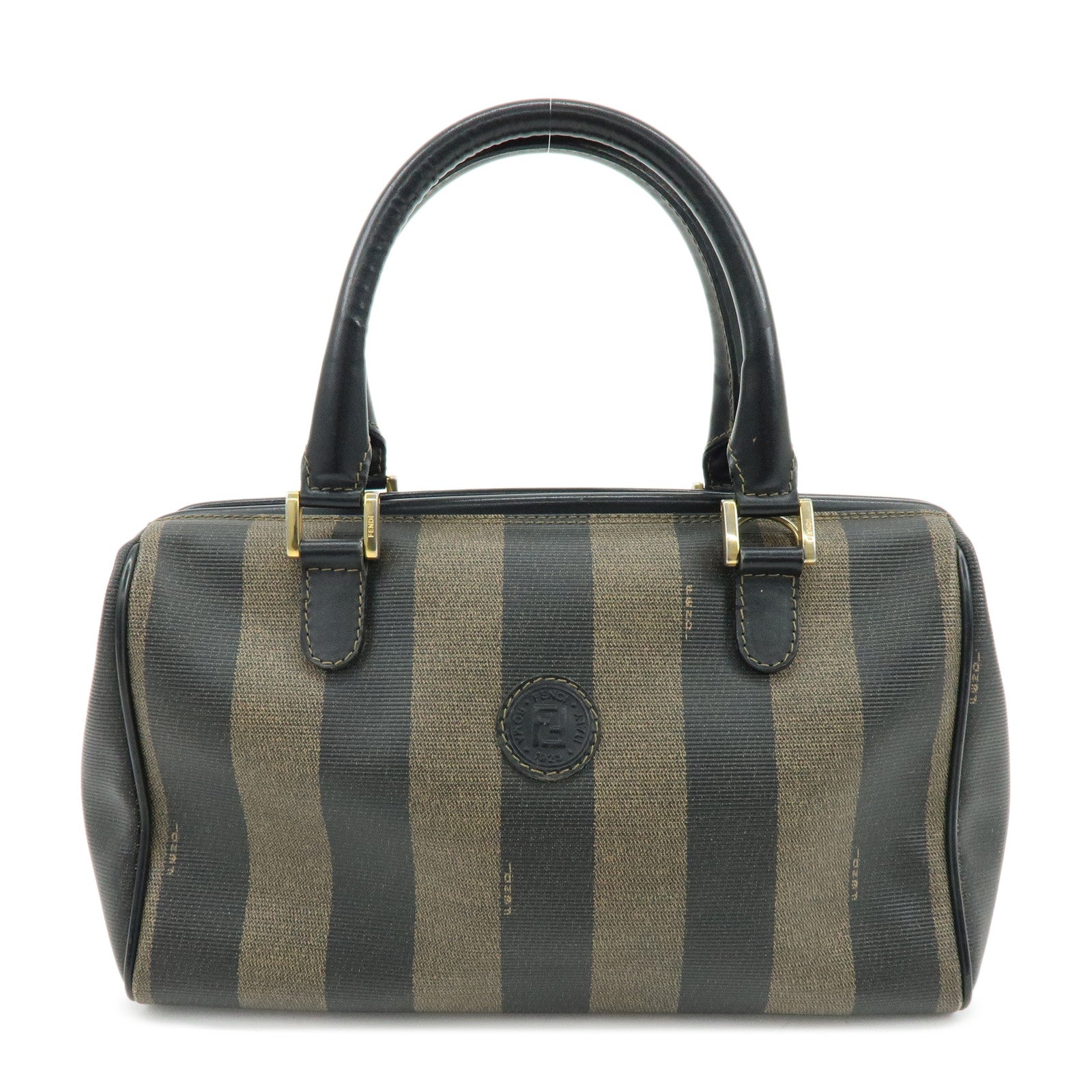 FENDI Pequin PVC Leather Boston Bag Hand Bag Black Brown