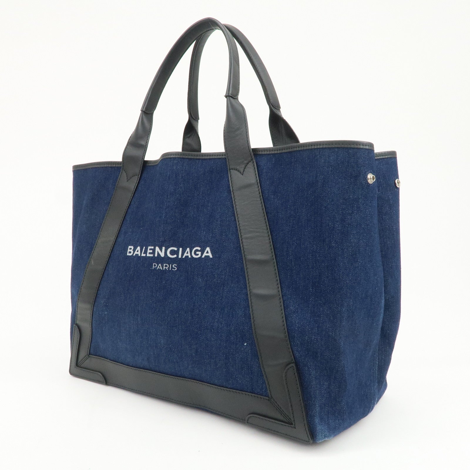 BALENCIAGA Denim Leather Navy Cabas M Tote Bag Hand Bag 339936
