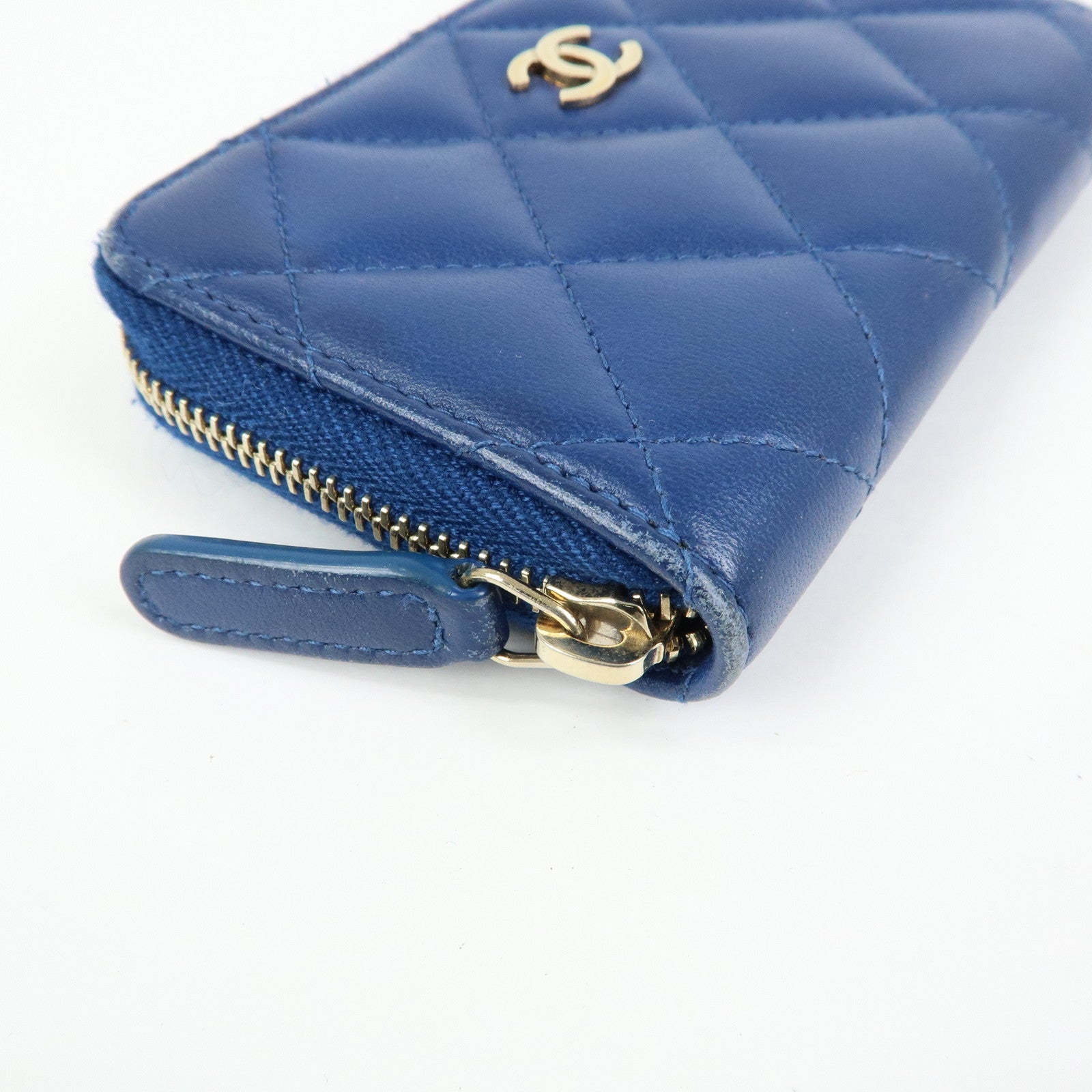 CHANEL Matelasse COCO Mark Lamb Skin Coin Case Card Case Blue