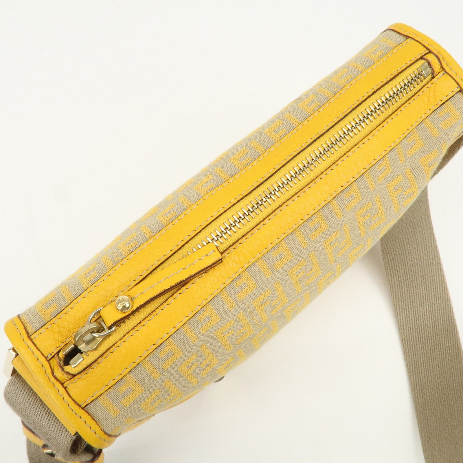 FENDI Zucchino Canvas Leather Shoulder Bag Beige Yellow 8BT089
