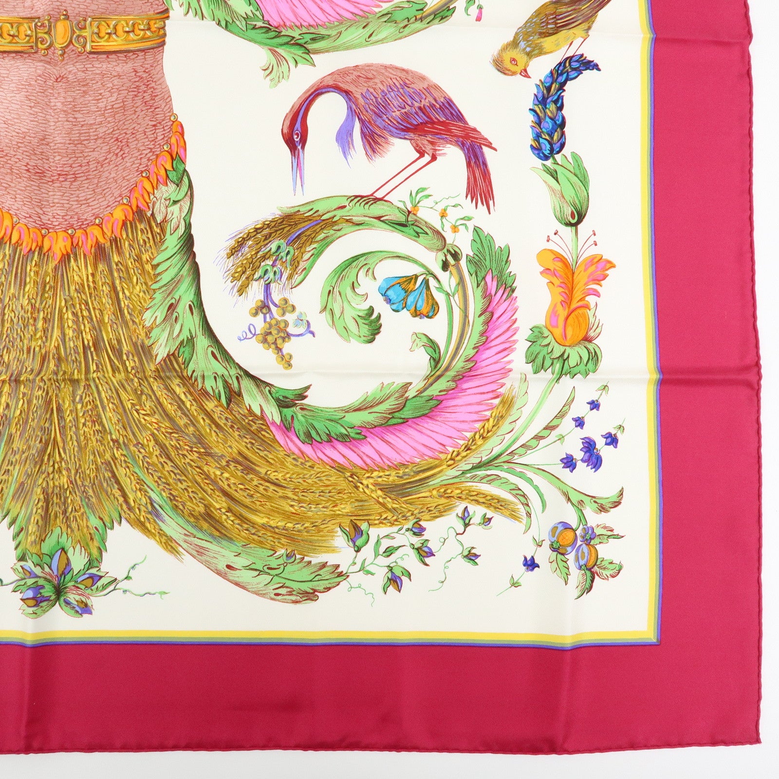 HERMES Carre 90 Silk 100% Scarf CERES White Pink Yellow Green