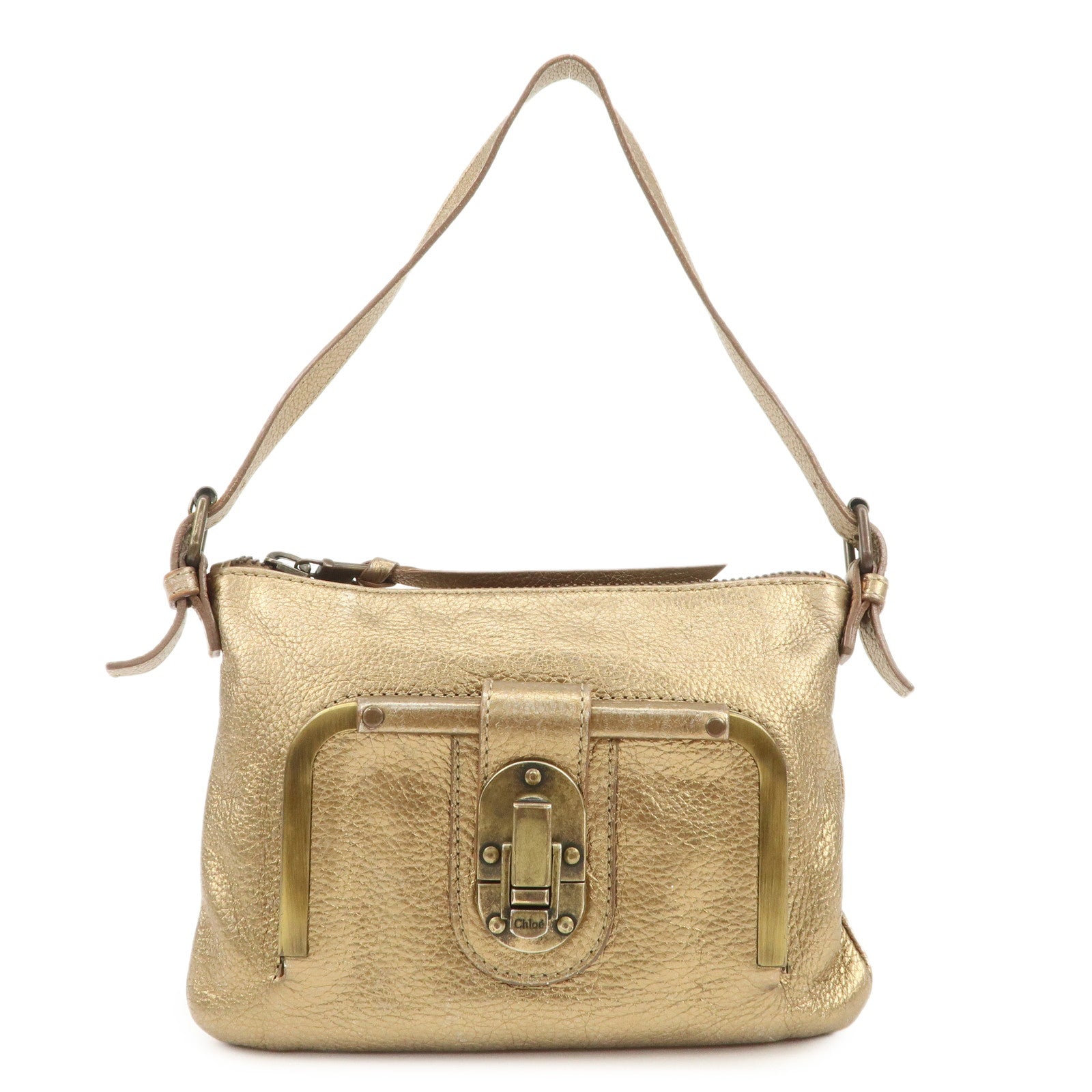 Chloe Logo Leather Shoulder Bag Hand Bag Gold Used