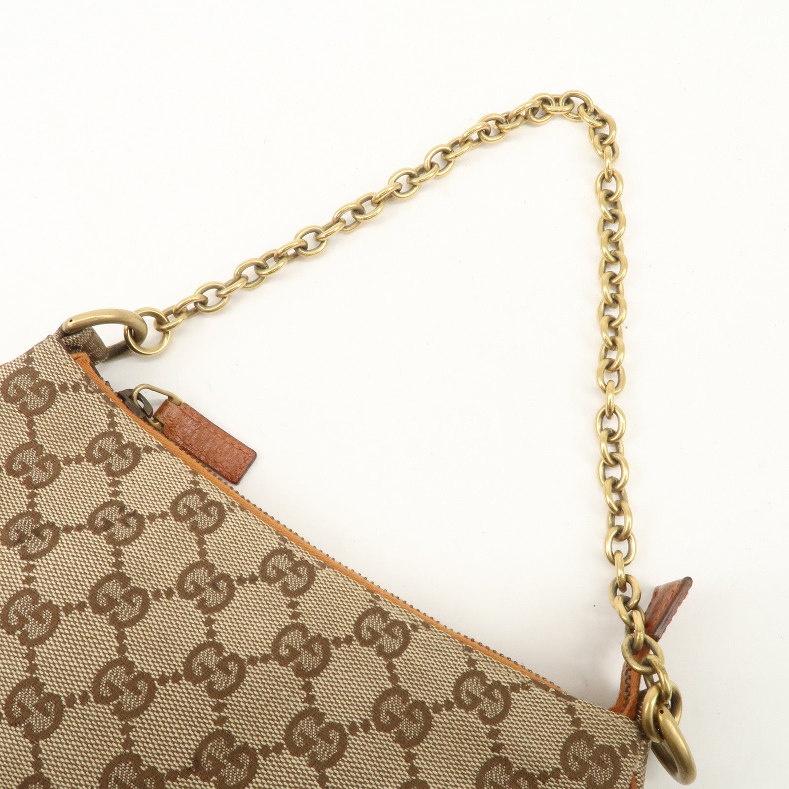 GUCCI GG Canvas Leather Chain Hand Bag Pouch Beige Brown 120940 Used