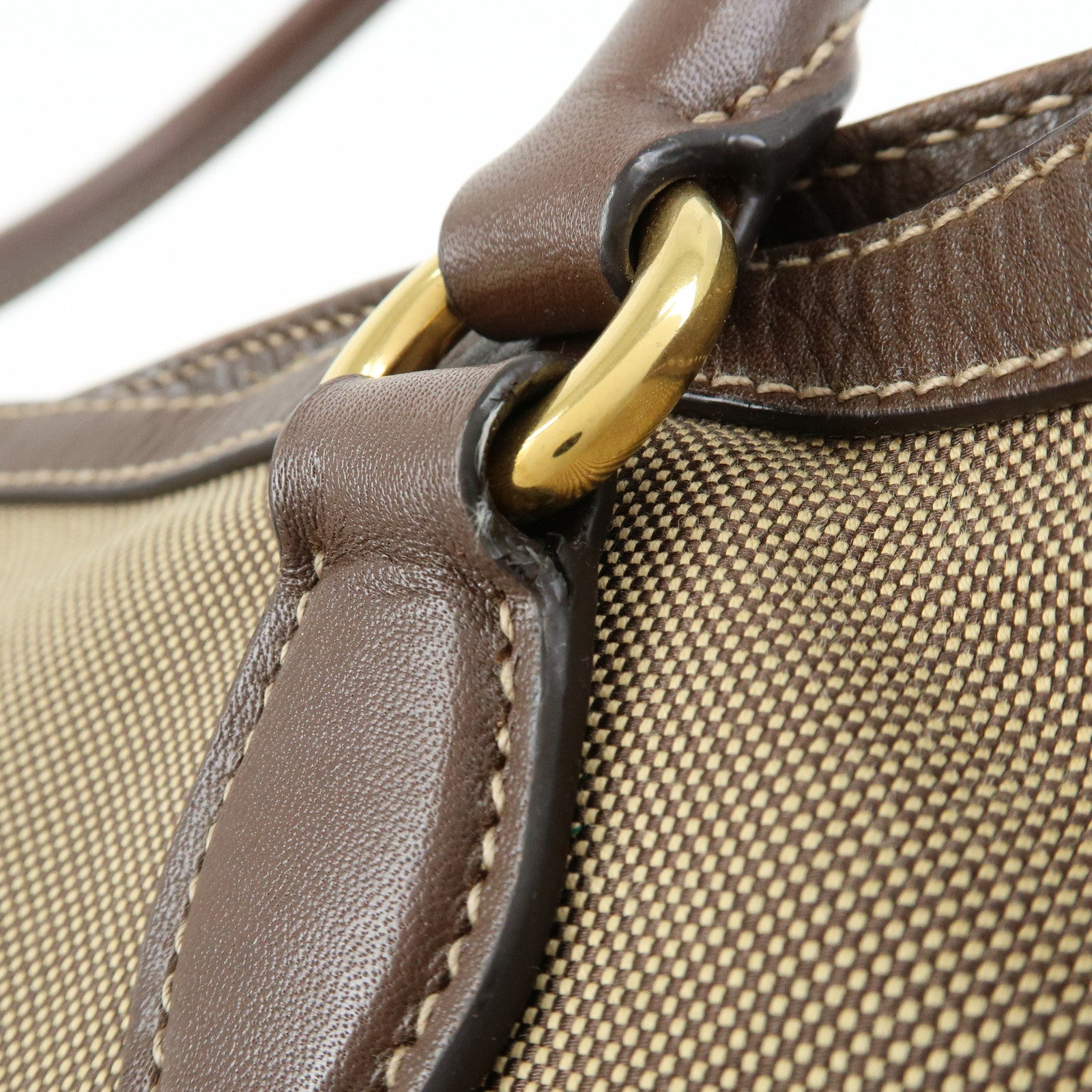 PRADA Triangle Logo Jacquard Leather Tote Shoulder Bag Beige Brown