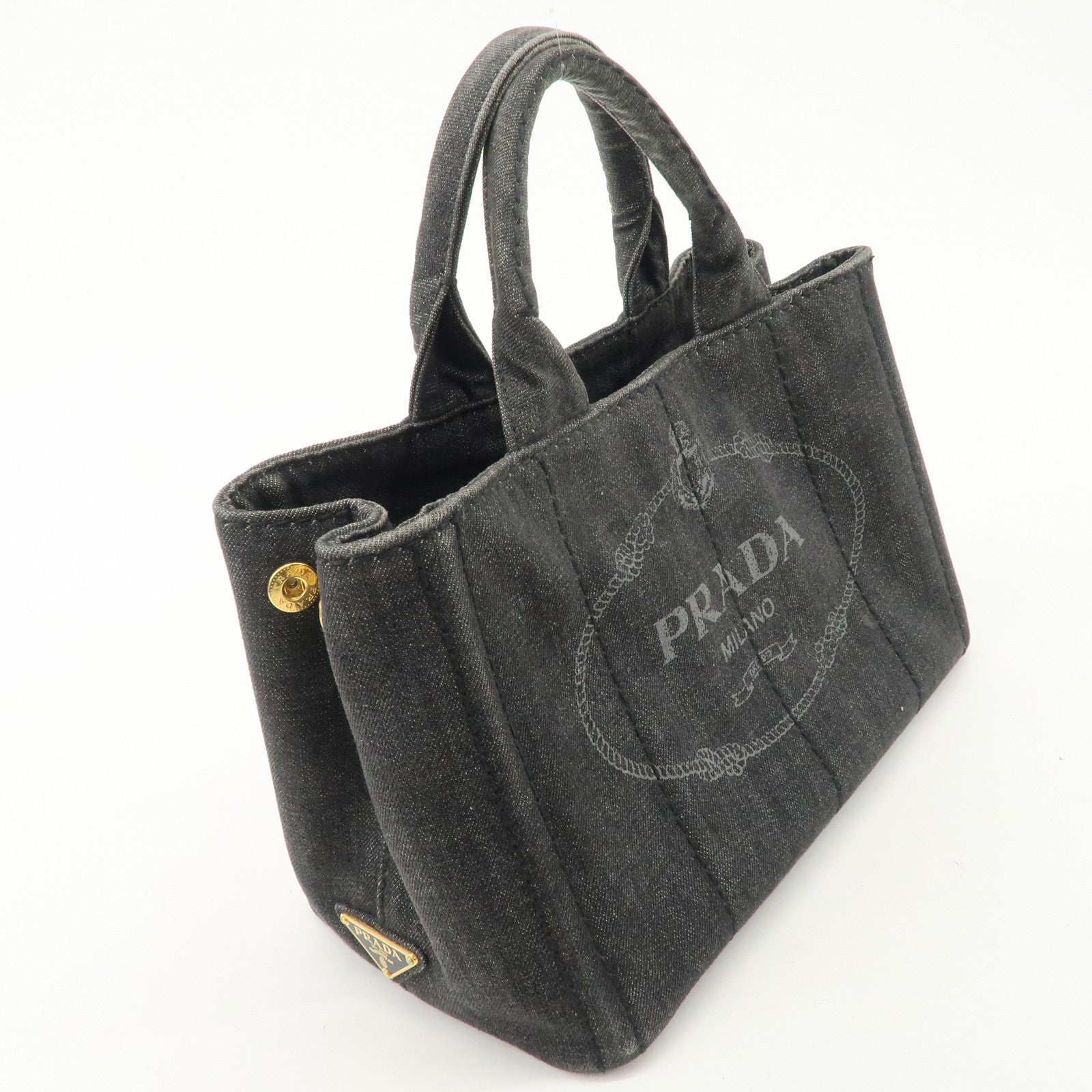 PRADA Logo Canapa Mini Denim 2Way Tote Bag Gray Gold HDW 1BG439 Used