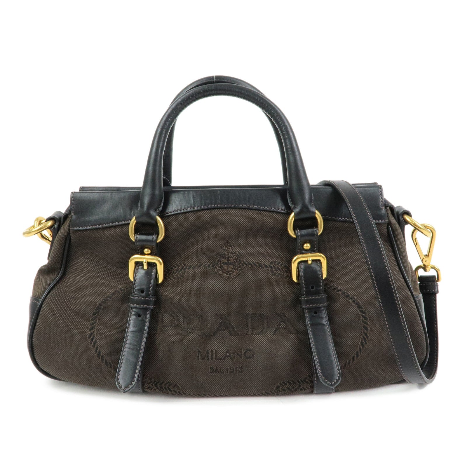 PRADA Logo Jacguard Leather 2Way Bag Hand Bag Shoulder Bag Brown