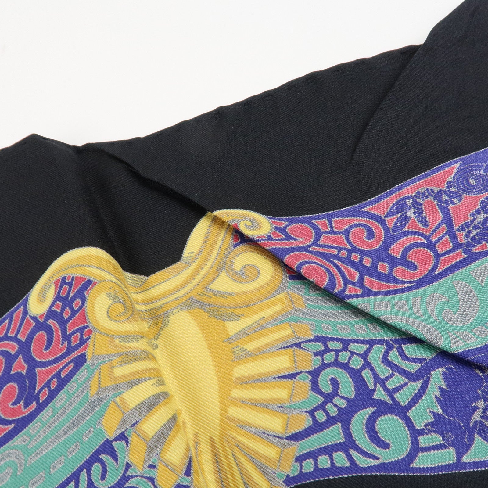 HERMES Carre 90 Silk 100% Scarf Black Yellow Used