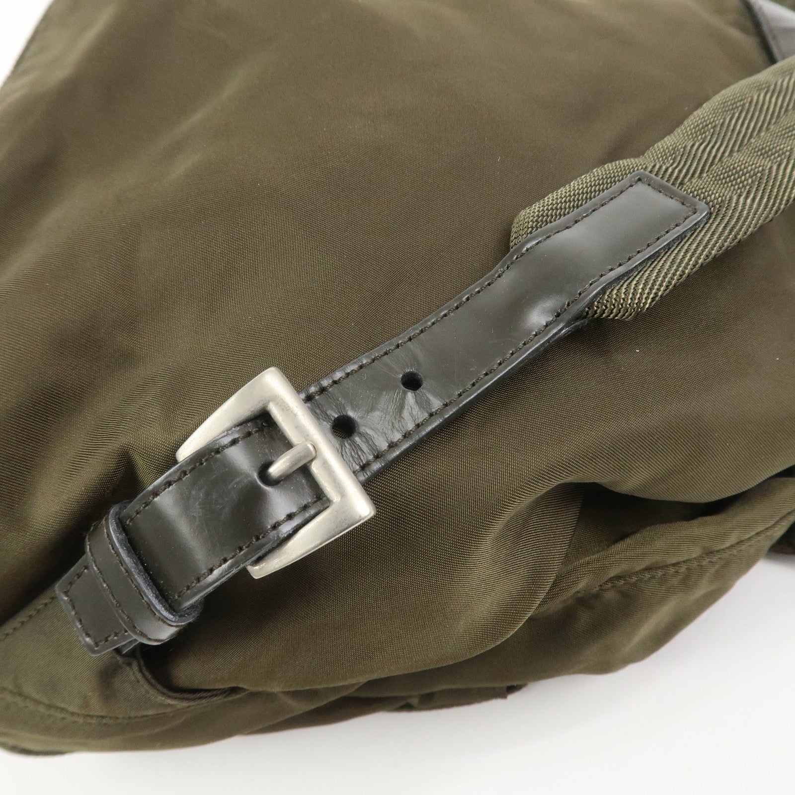 PRADA Triangle Logo Nylon Leather Backpack Rucksack Khaki B6677