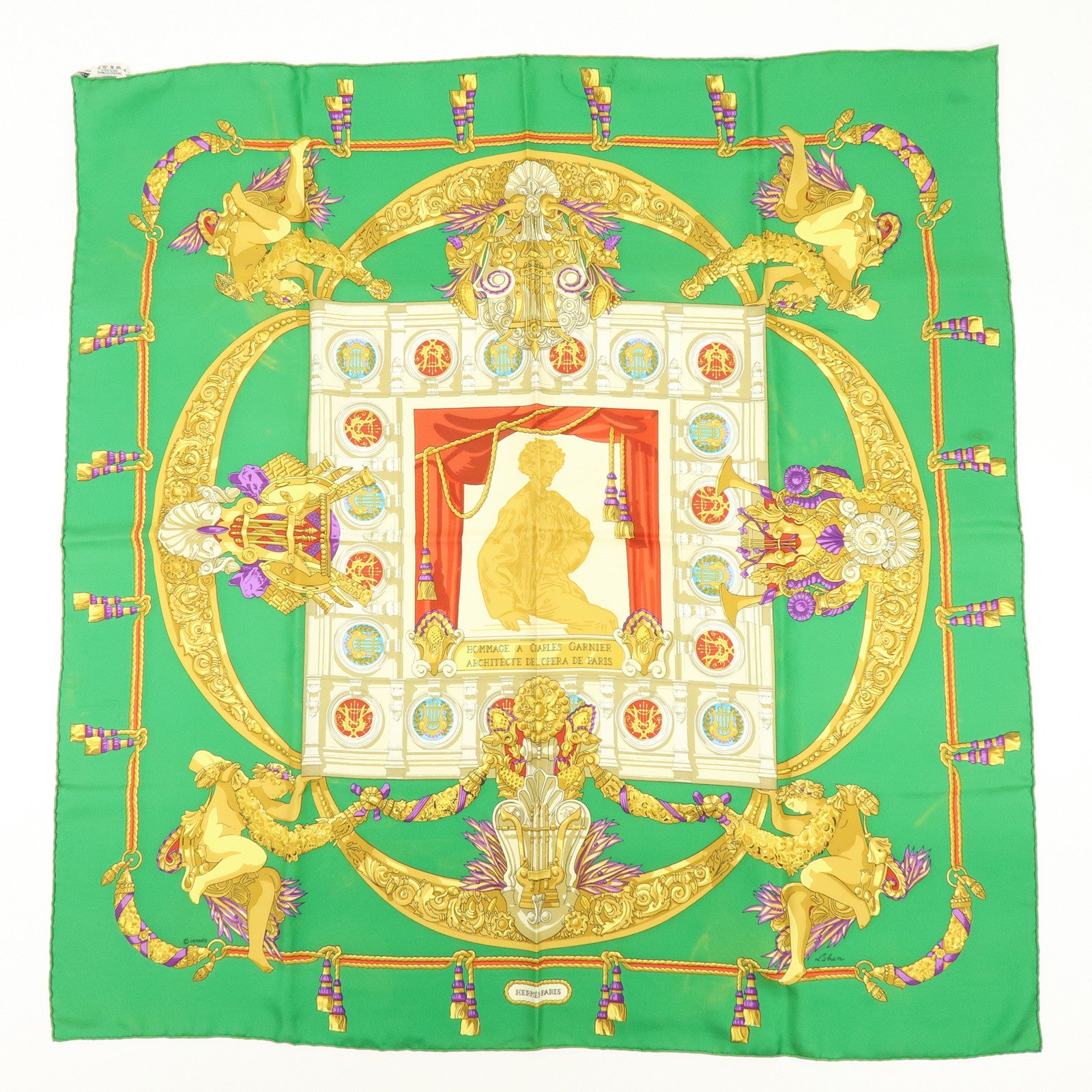 HERMES Carre 90 Set of 2 Silk 100% Scarf Green Gold Ivory