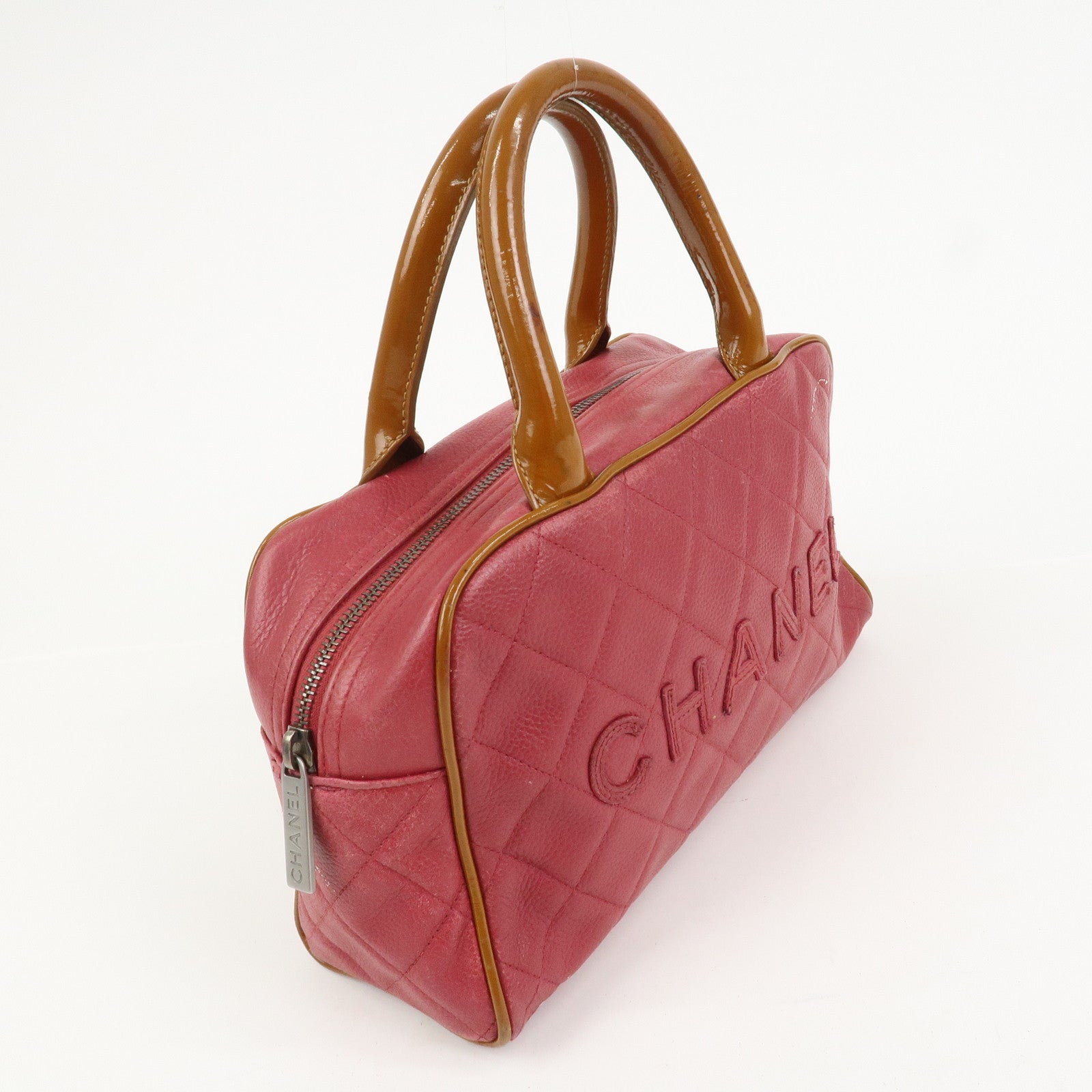 CHANEL Matelasse Leather Patent Leather Mini Boston Bag Pink Brown