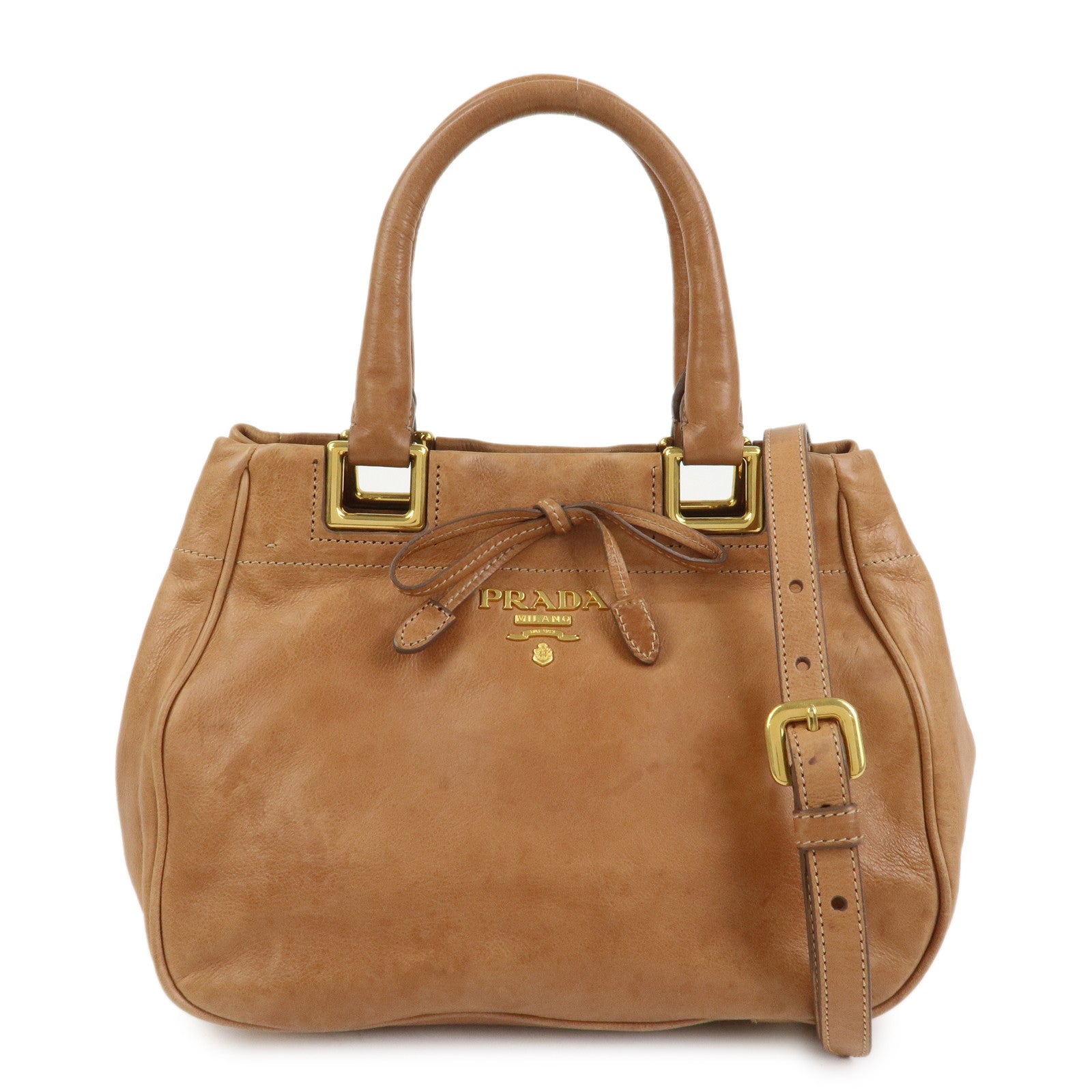 PRADA Ribbon Leather 2WAY Bag Hand Bag Shoulder Bag Brown BN2245