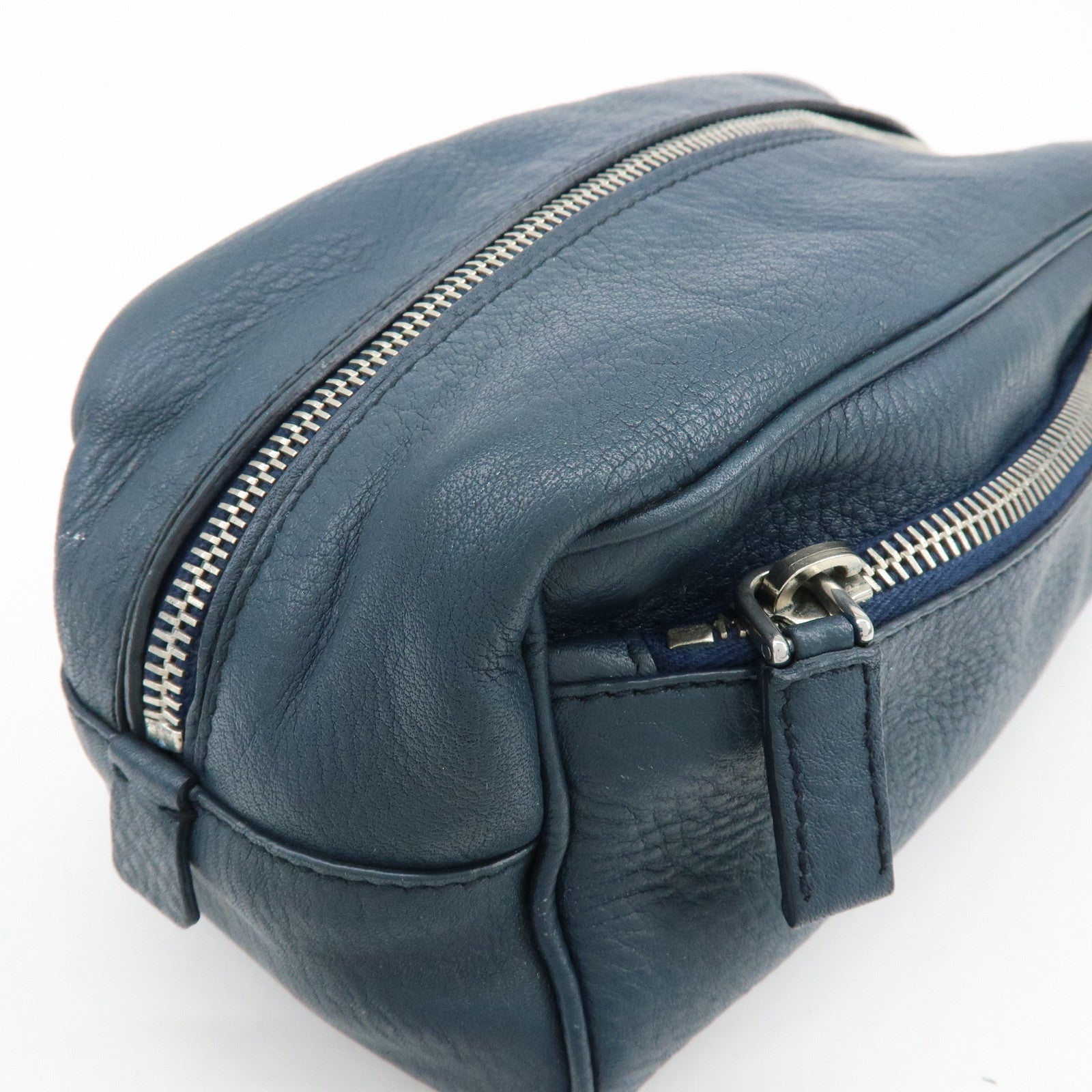 PRADA Triangle Logo Leather Cosmetic Pouch Accessory Pouch Navy