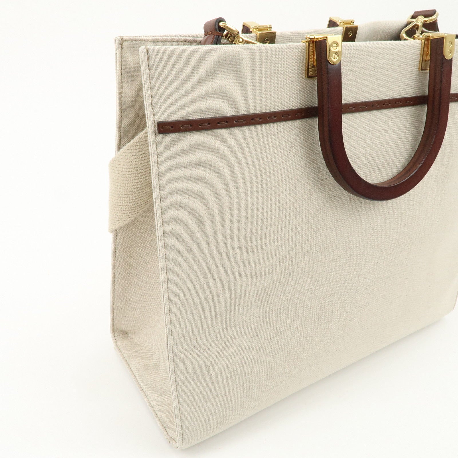 FENDI Leather Canvas Sunshine Medium Tote Bag Natural 8BH386