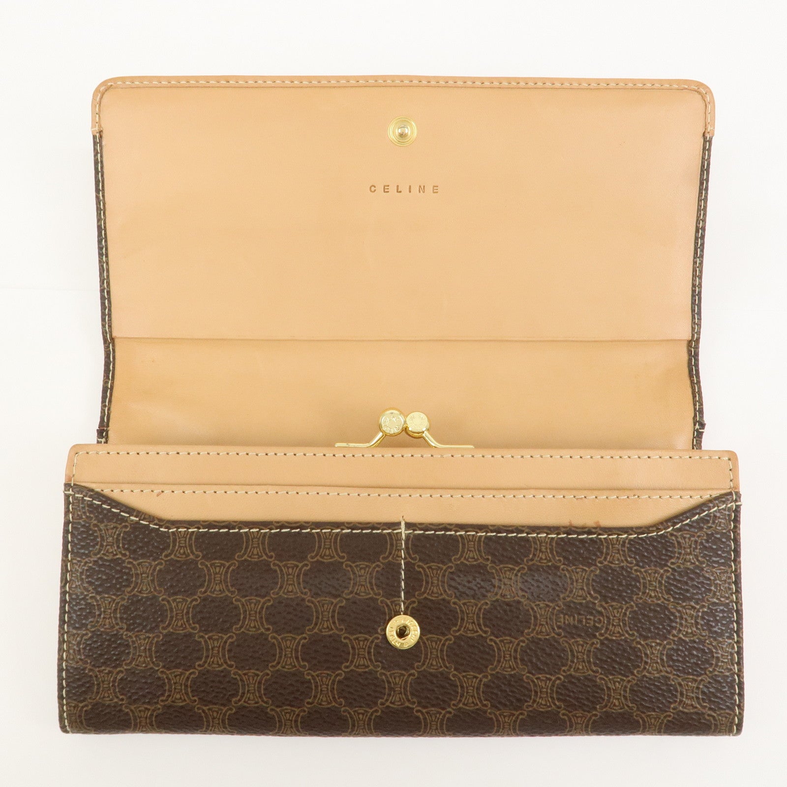CELINE Macadam PVC Leather Flap Long Wallet Brown Beige