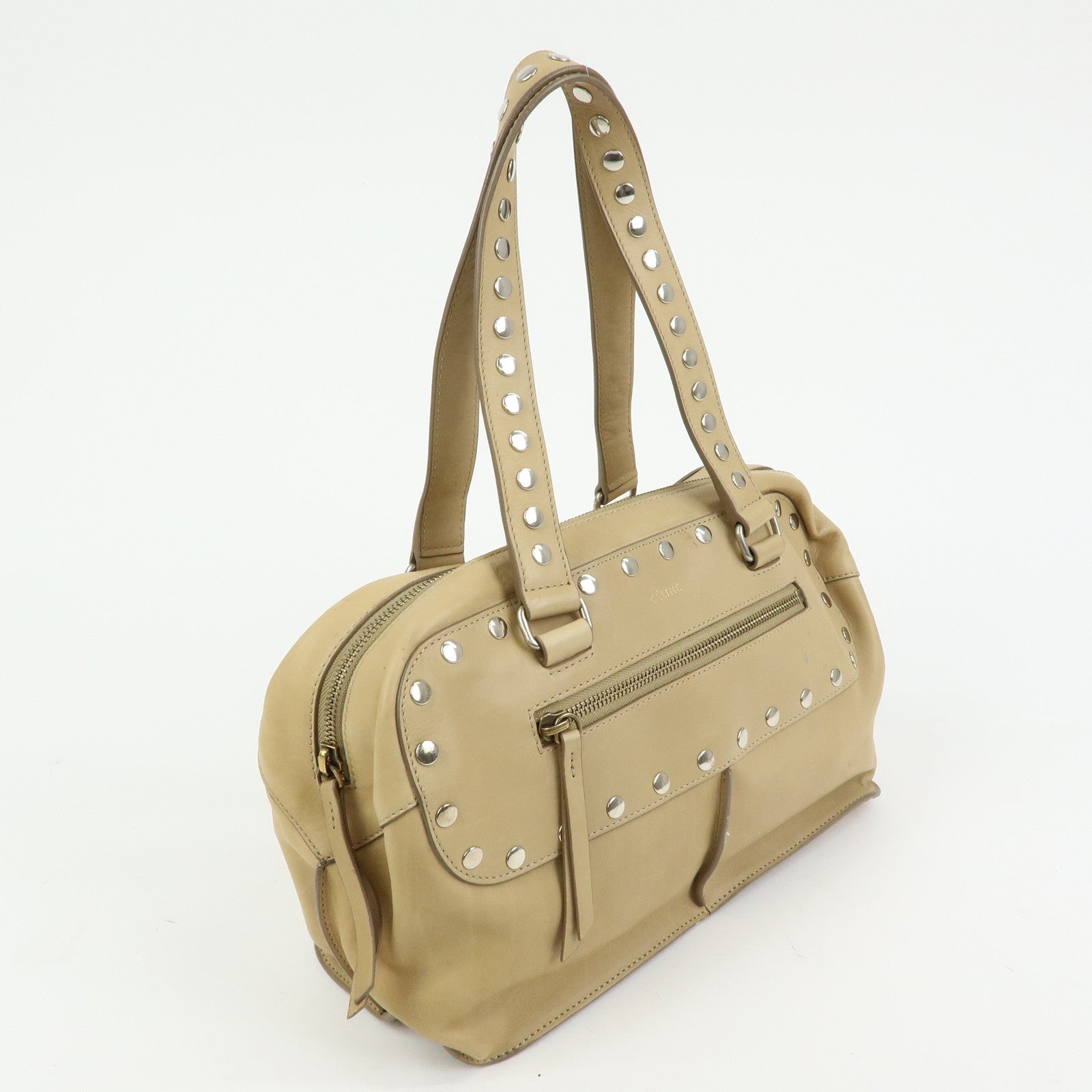 CELINE Leather Hand Bag Bowling Bag Beige Studs