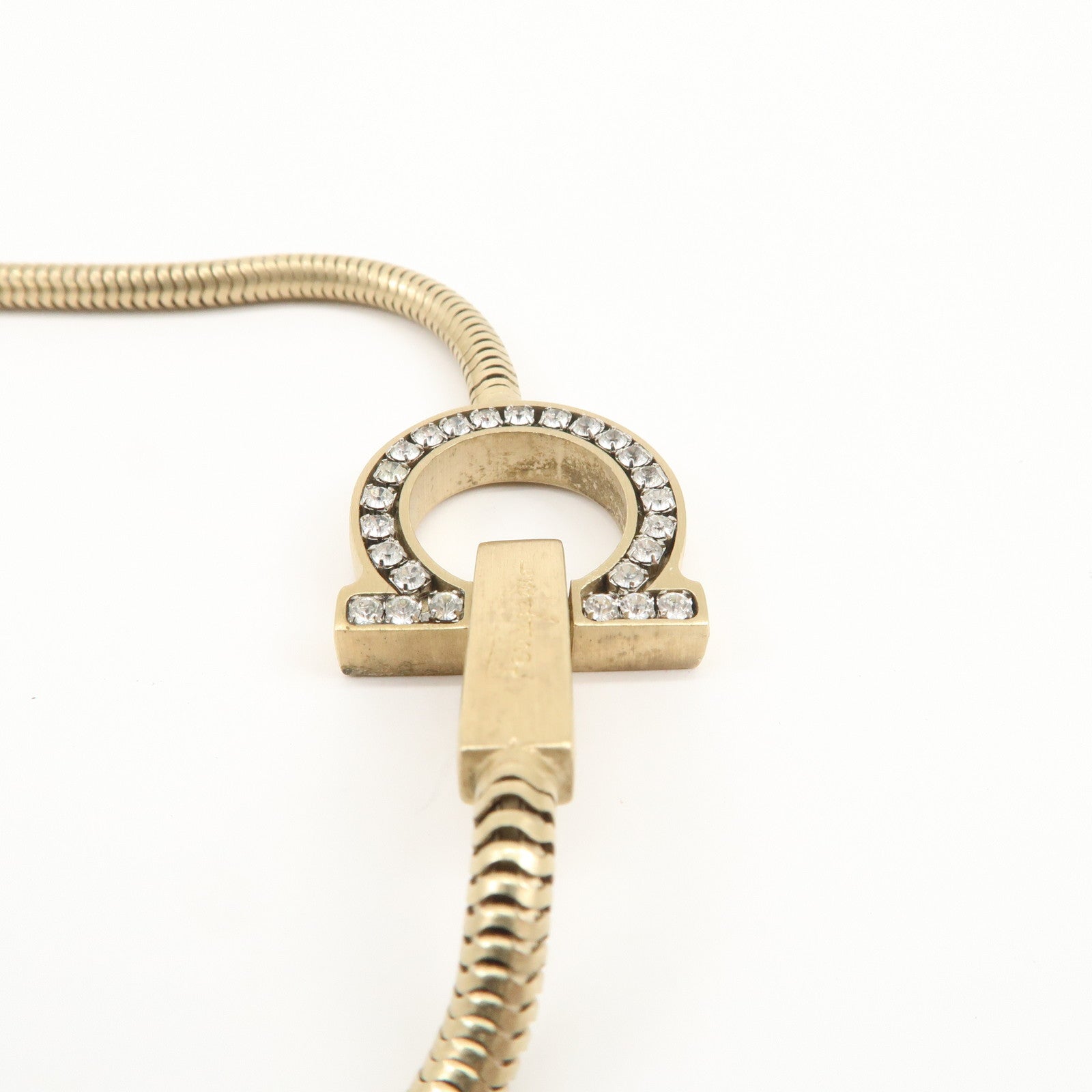 Ferragamo Gancini Logo Metal Rhinestone Necklace Choker Gold