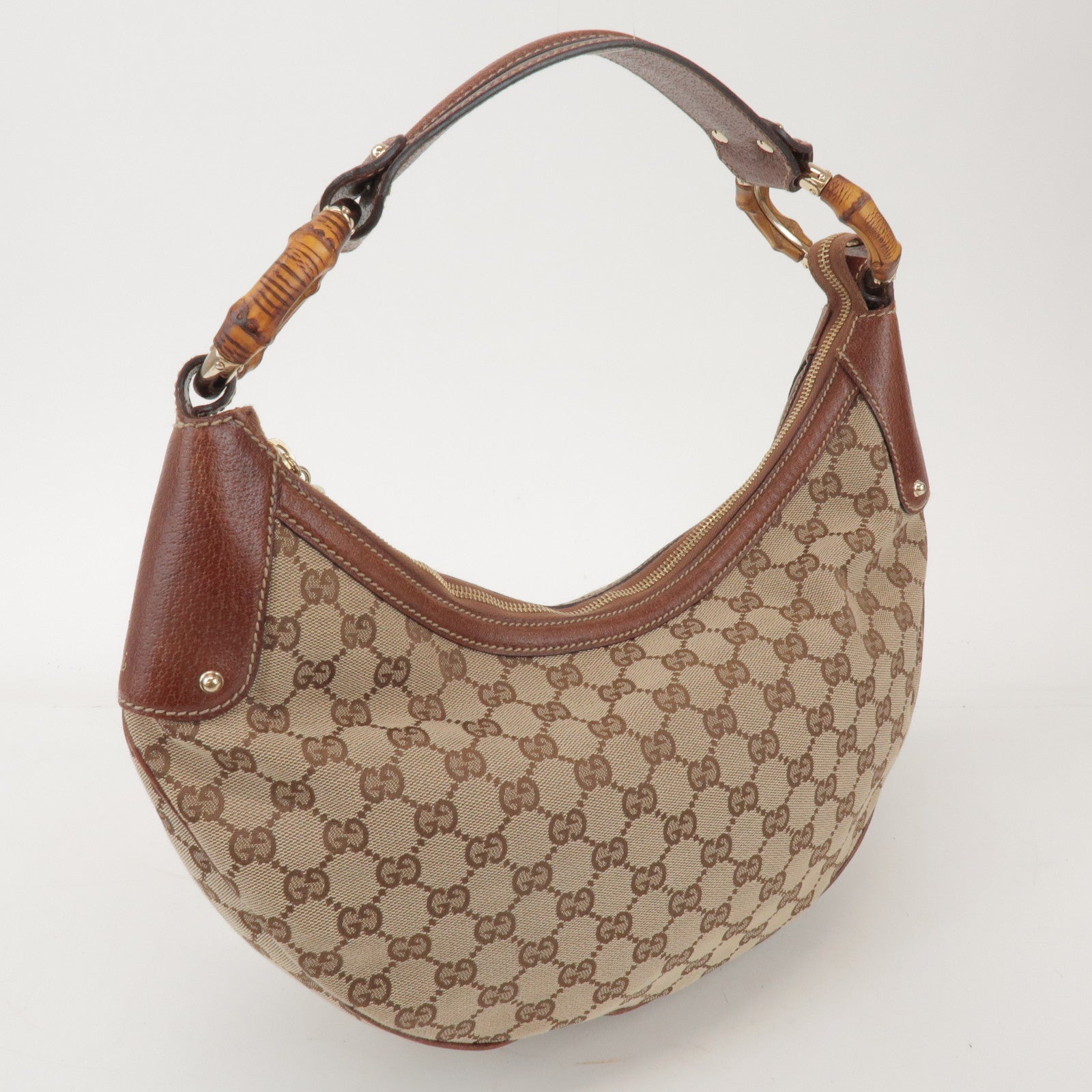 GUCCI Bamboo GG Canvas Leather Shoulder Bag Beige Brown 137577