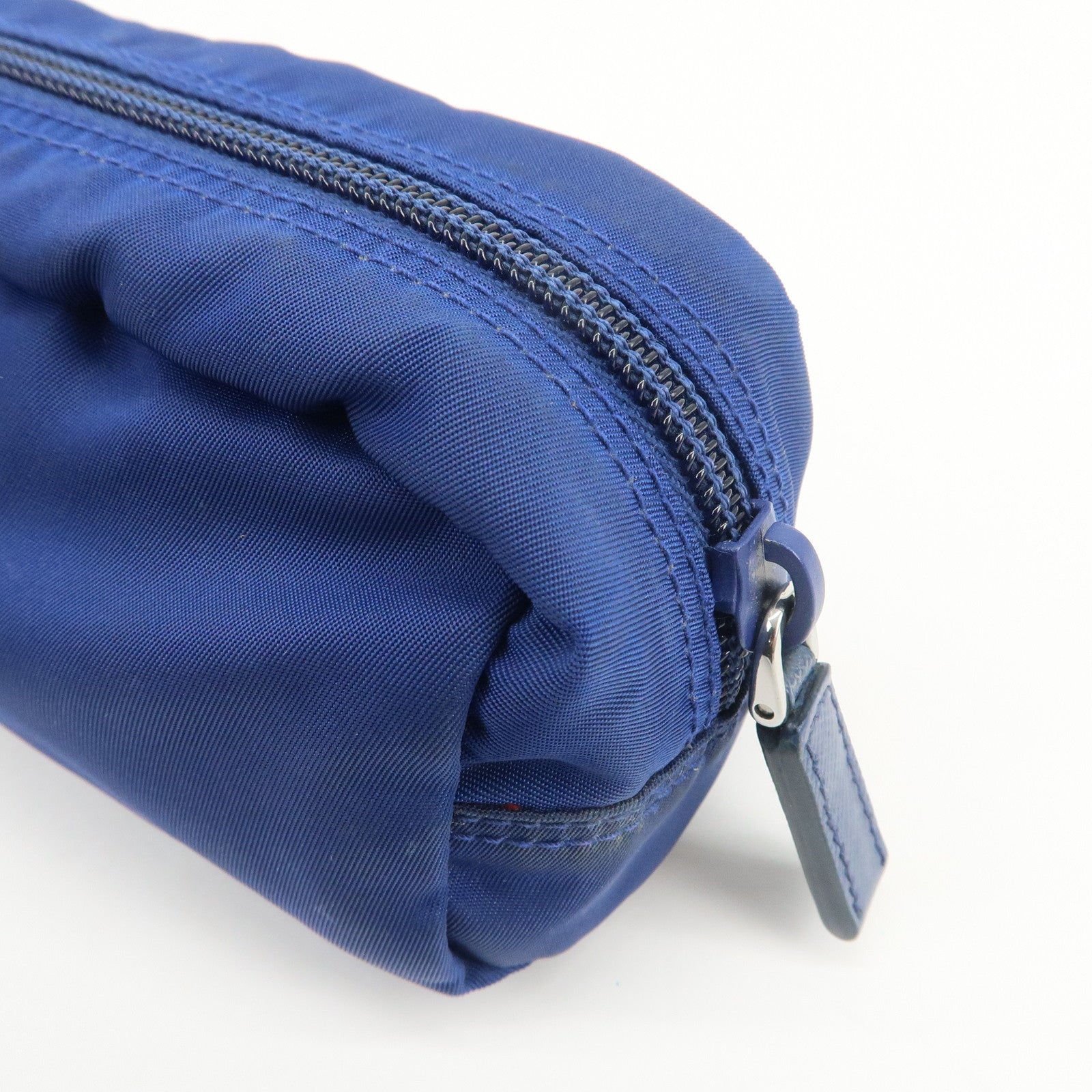 PRADA Triangle Logo Nylon Leather Cosmetic Pouch Blue 1N0175