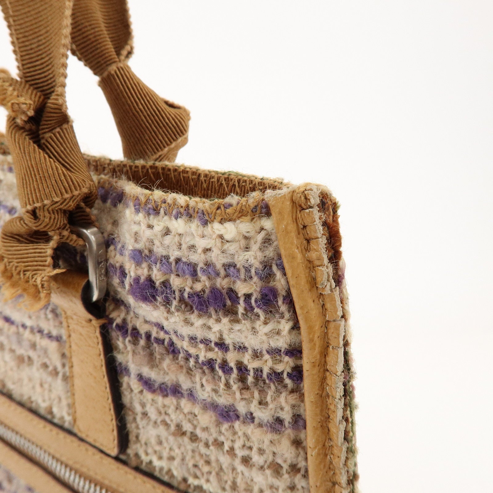 PRADA Triangle Logo Tweed Leather Hand Bag Light Brown Multicolor