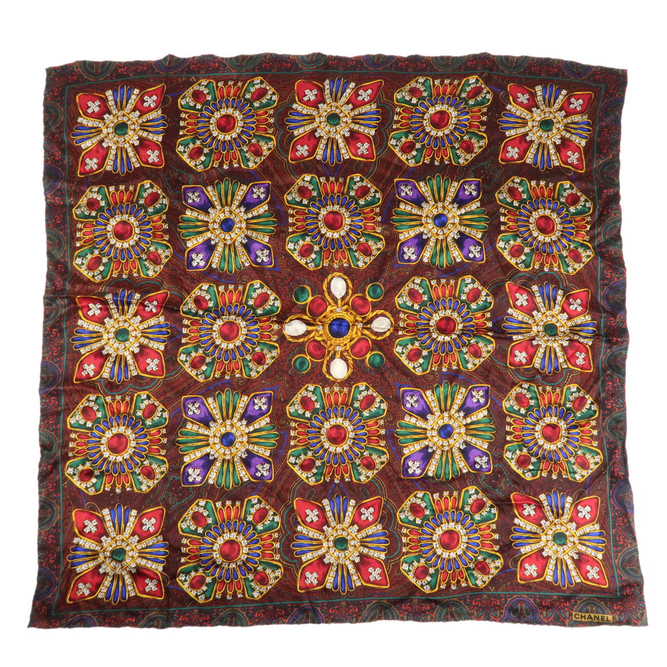 CHANEL Silk 100% Scarf Gripoix Print Red Multi Color Used