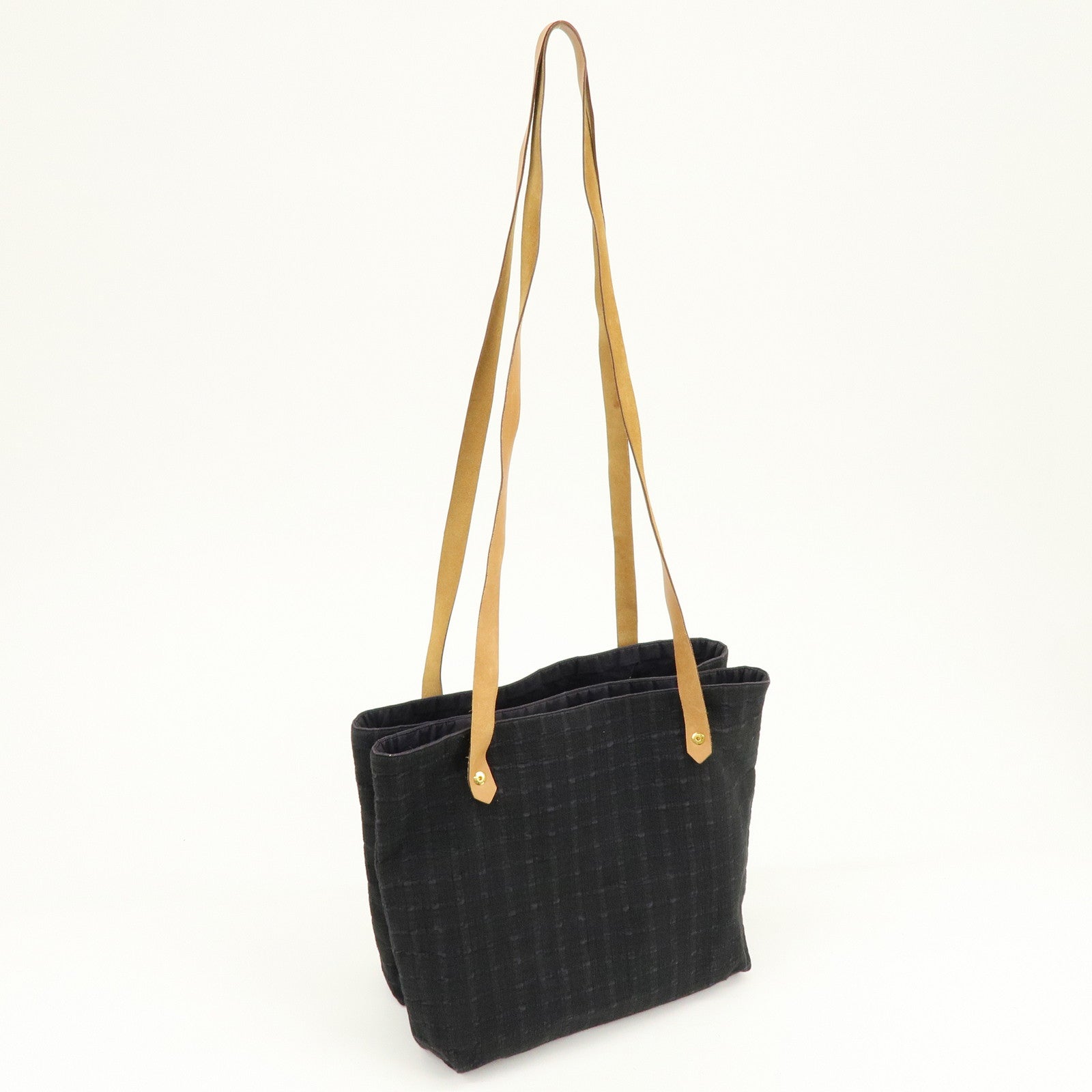 HERMES Amedaba Cabas de Poche Cotton Canvas Leather Tote Bag Navy