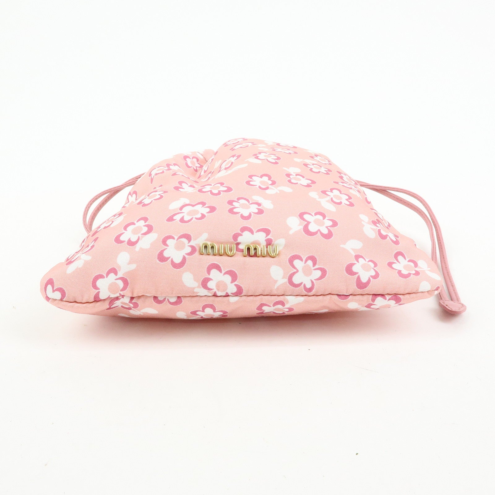 MIU MIU Logo Nylon Leather Drawstring Pouch Flower Motif 5NG003