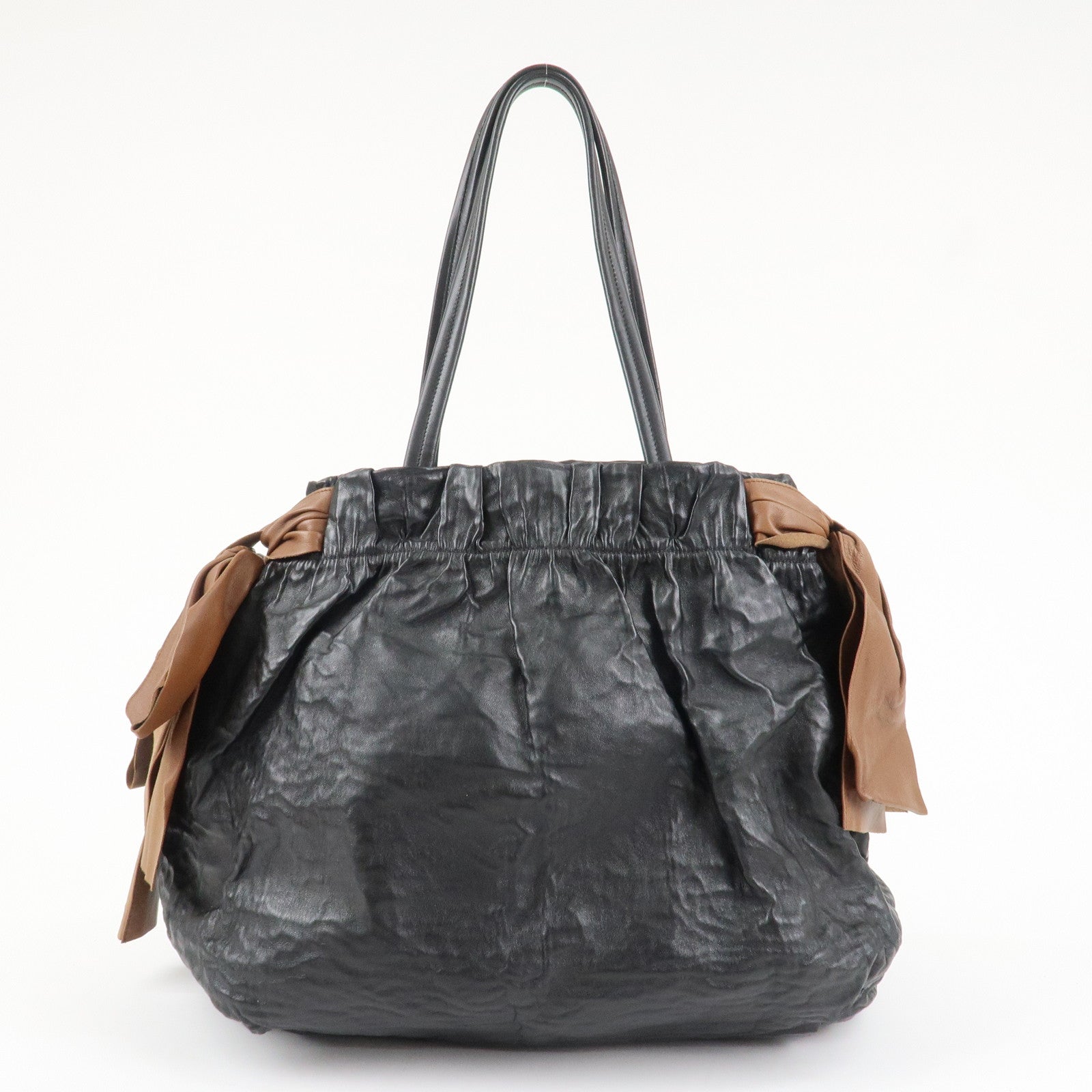 PRADA Leather Ribbon Shoulder Bag Hand Bag Black Brown Used