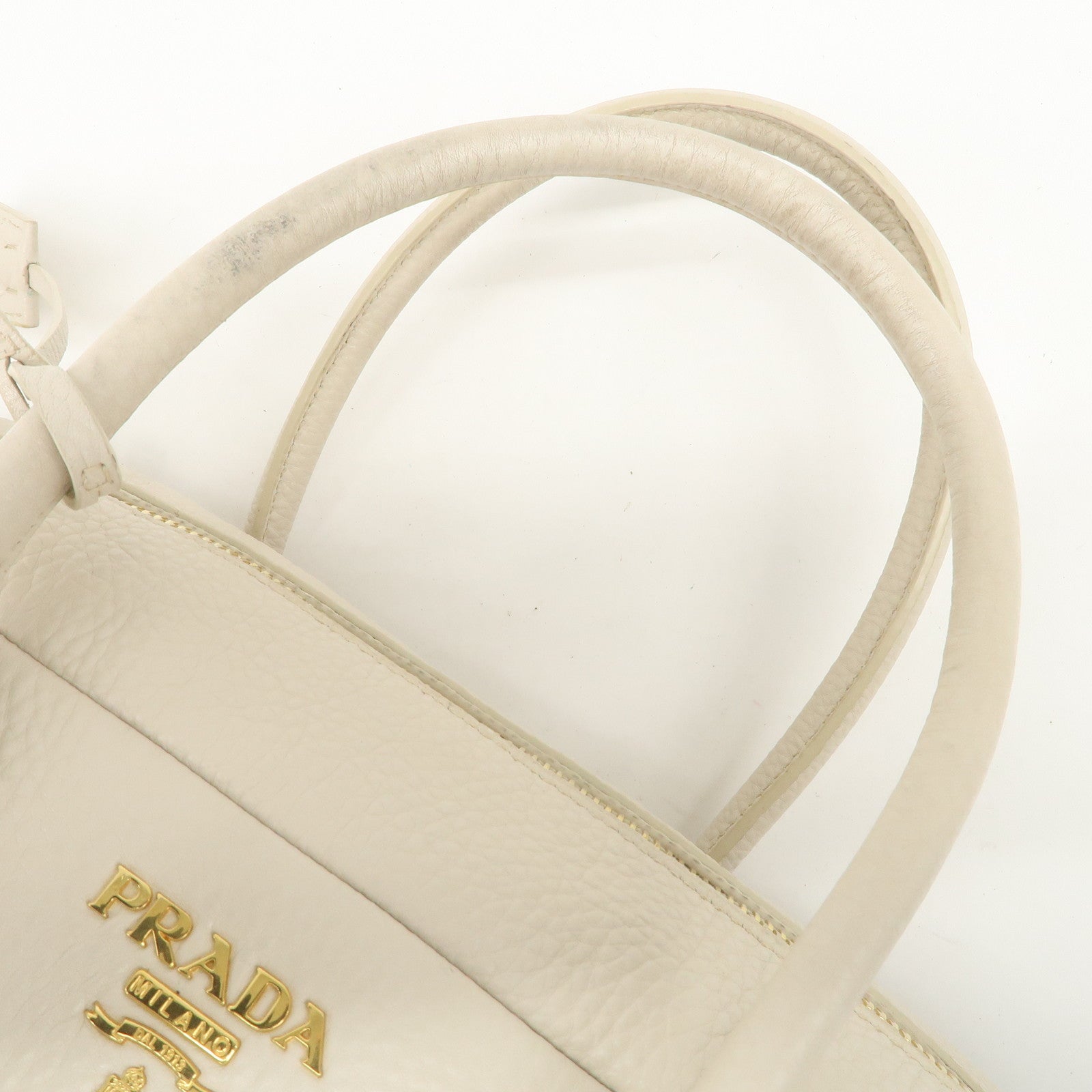 PRADA Logo Leather 2Way Boston Shoulder Bag Gold HDW Ivory