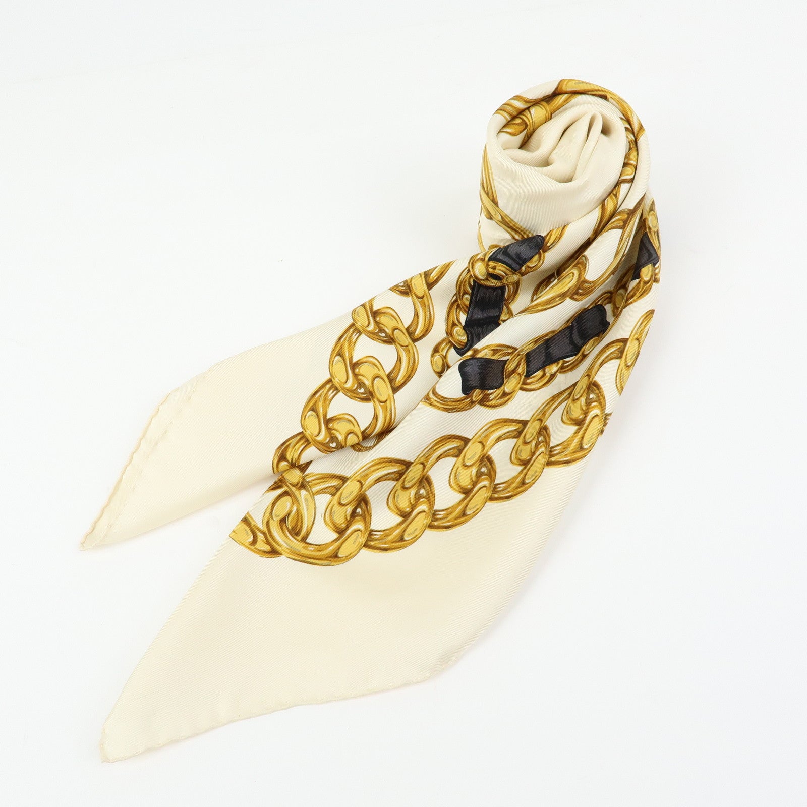CHANEL Silk 100% Scarf Chain Medal Motif Beige Gold