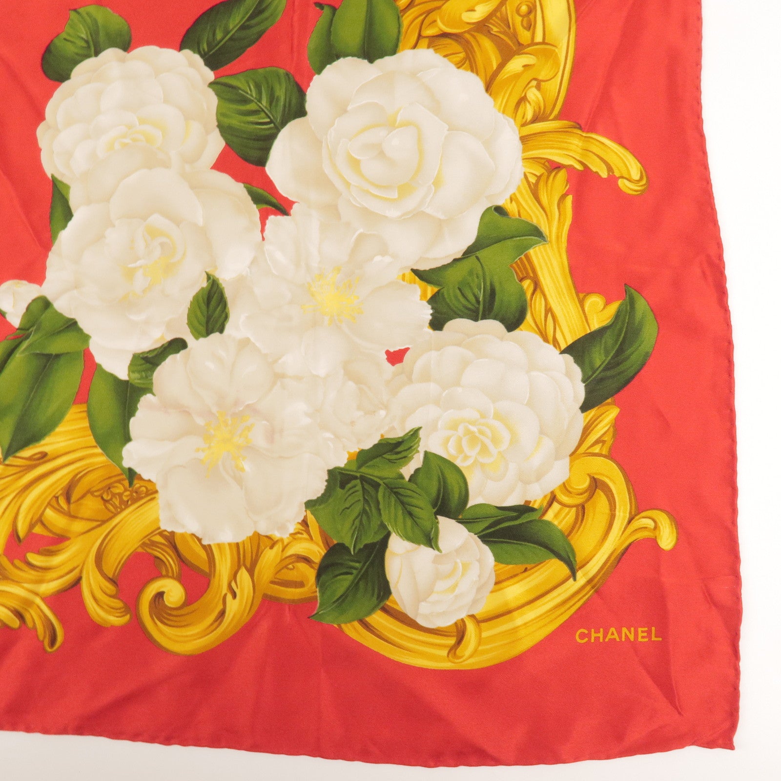 CHANEL Silk 100% Scarf Rose Print Floral Pattern 93x93 Red Gold