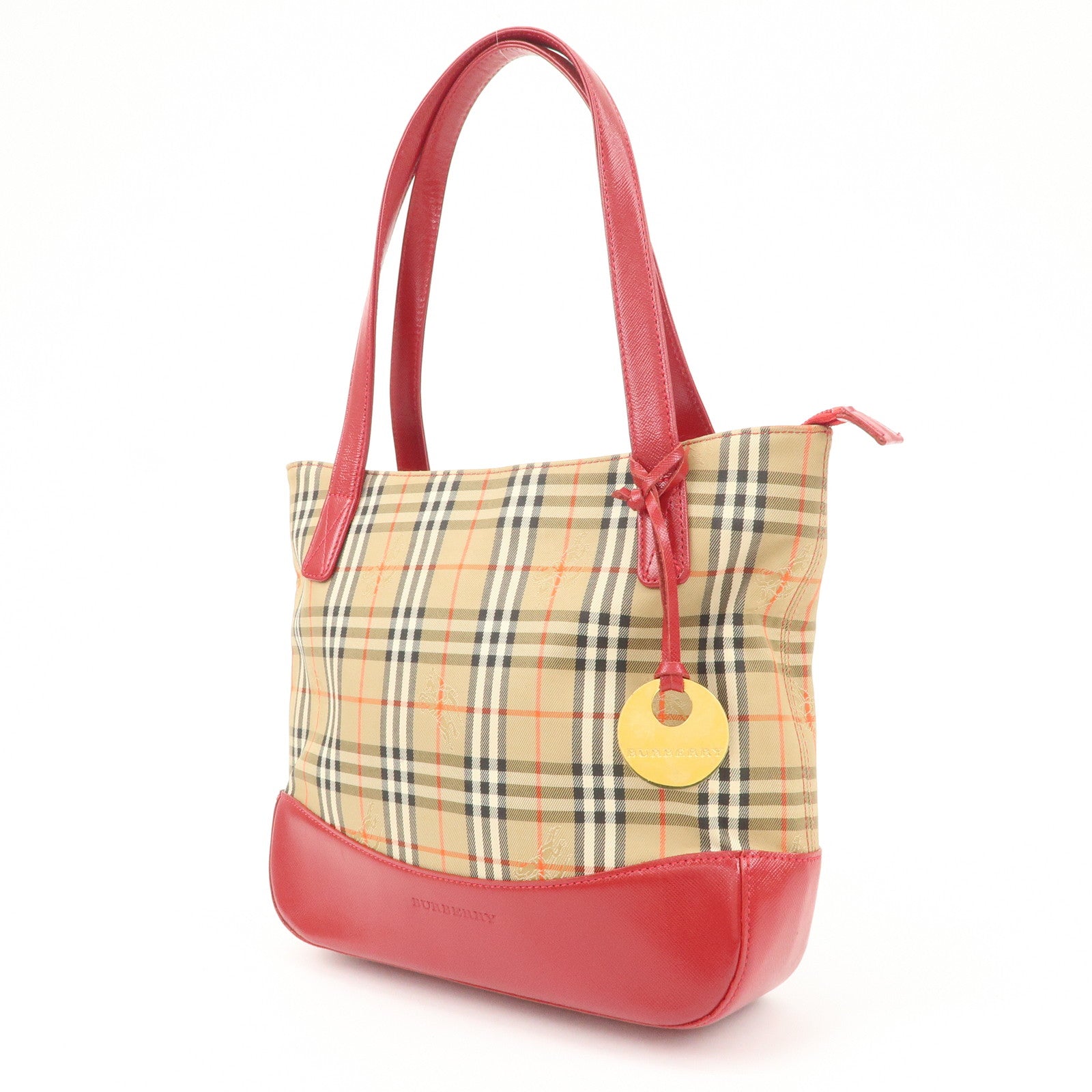 BURBERRY Leather Canvas Tote Bag Hand Bag Nova Plaid Red Beige Used