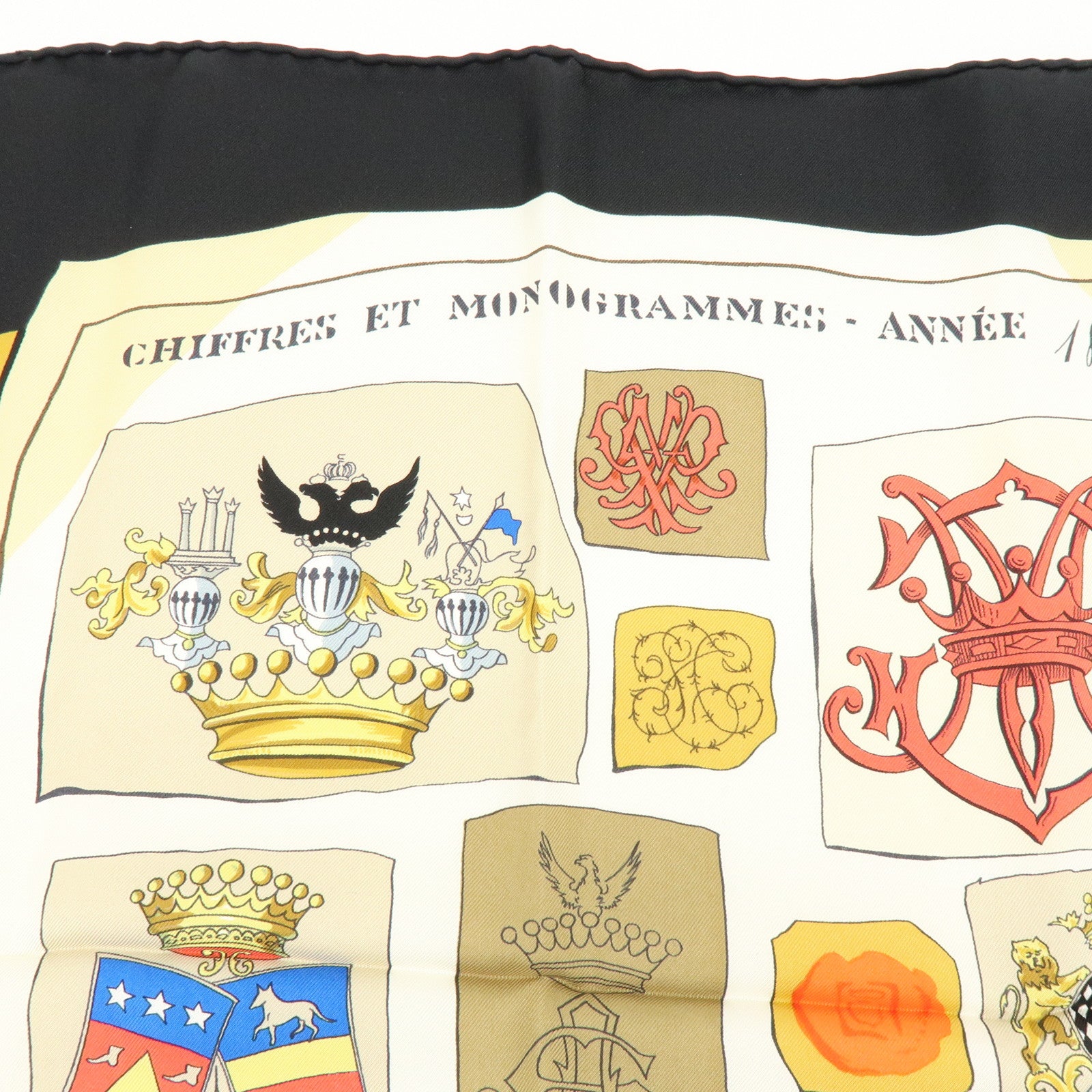 HERMES Carre 90 Silk 100% CHIFFRES ET MONOGRAMMES ANNEE Scarf Black