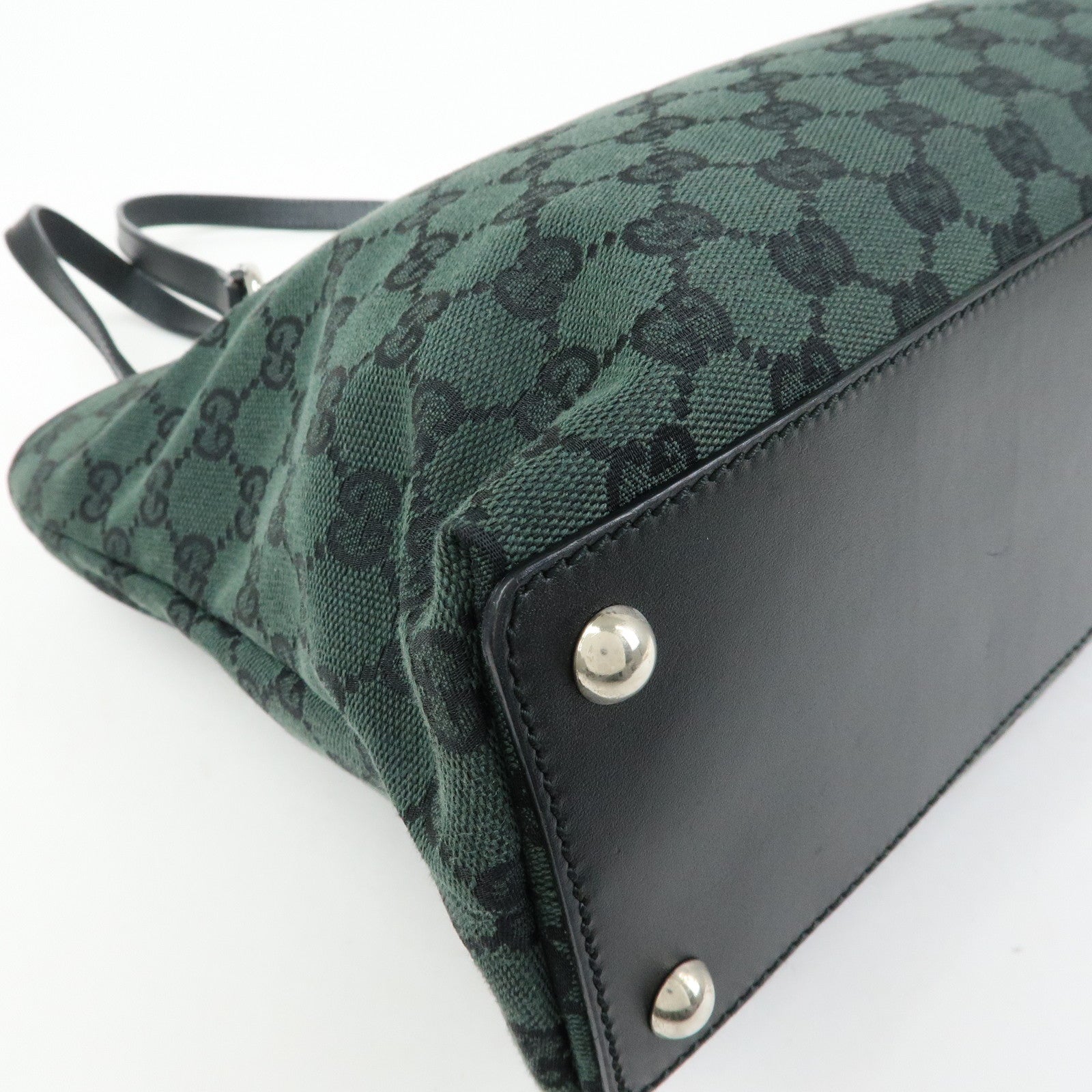 GUCCI GG Canvas Leather Tote Bag Hand Bag Green Black 285583